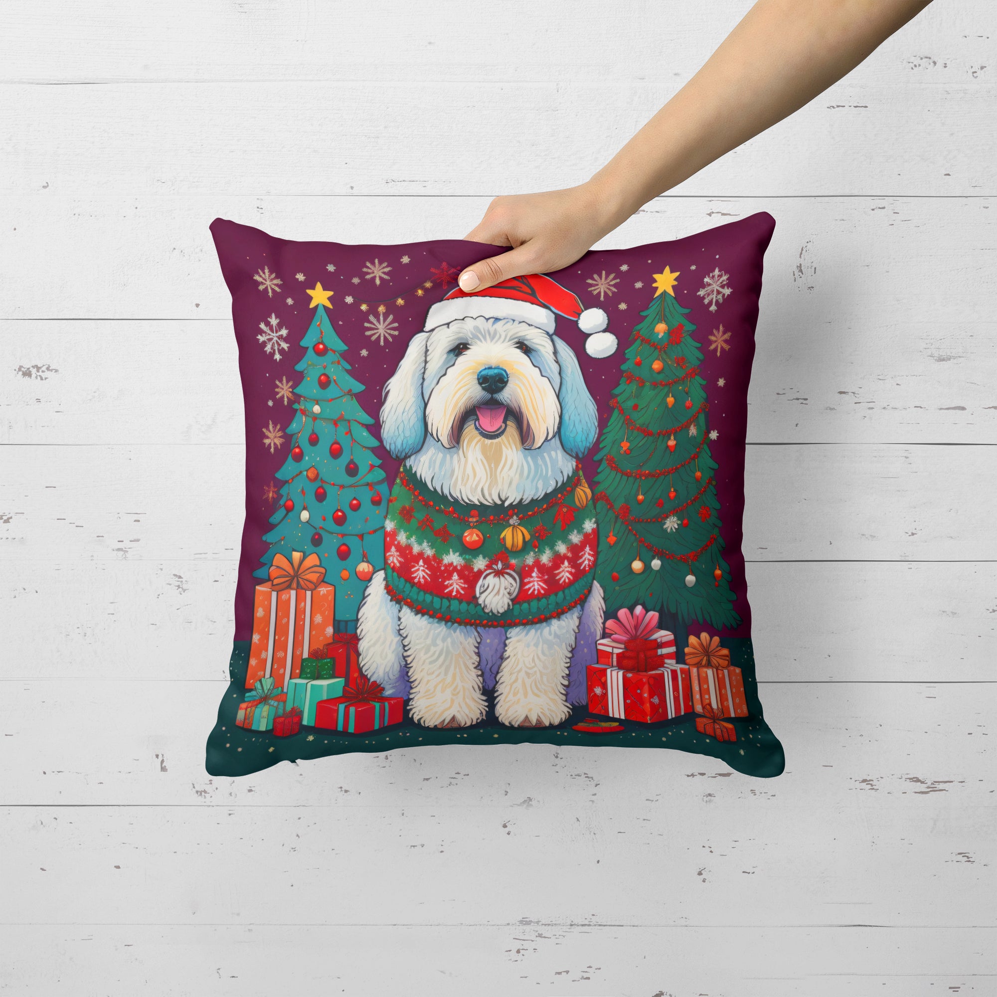 Old English Sheepdog Christmas Fabric Decorative Pillow  the-store.com.