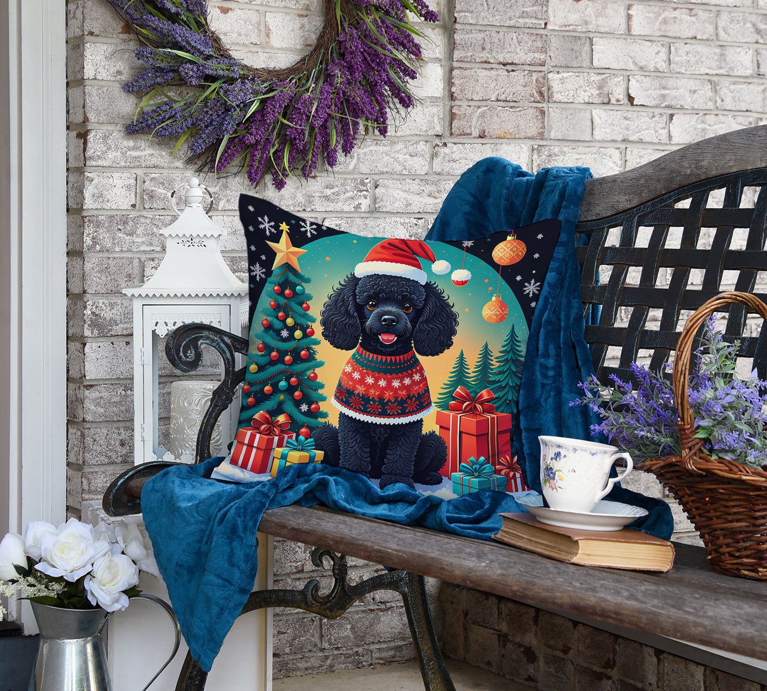 Black Toy Poodle Christmas Fabric Decorative Pillow  the-store.com.