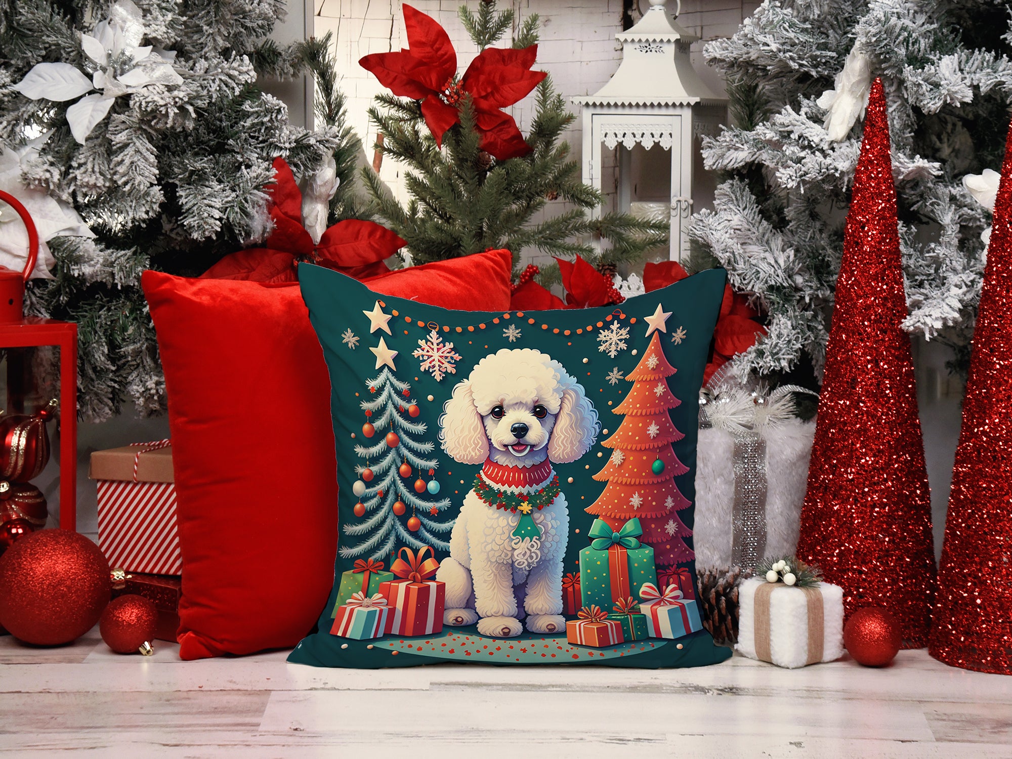 White Toy Poodle Christmas Fabric Decorative Pillow  the-store.com.