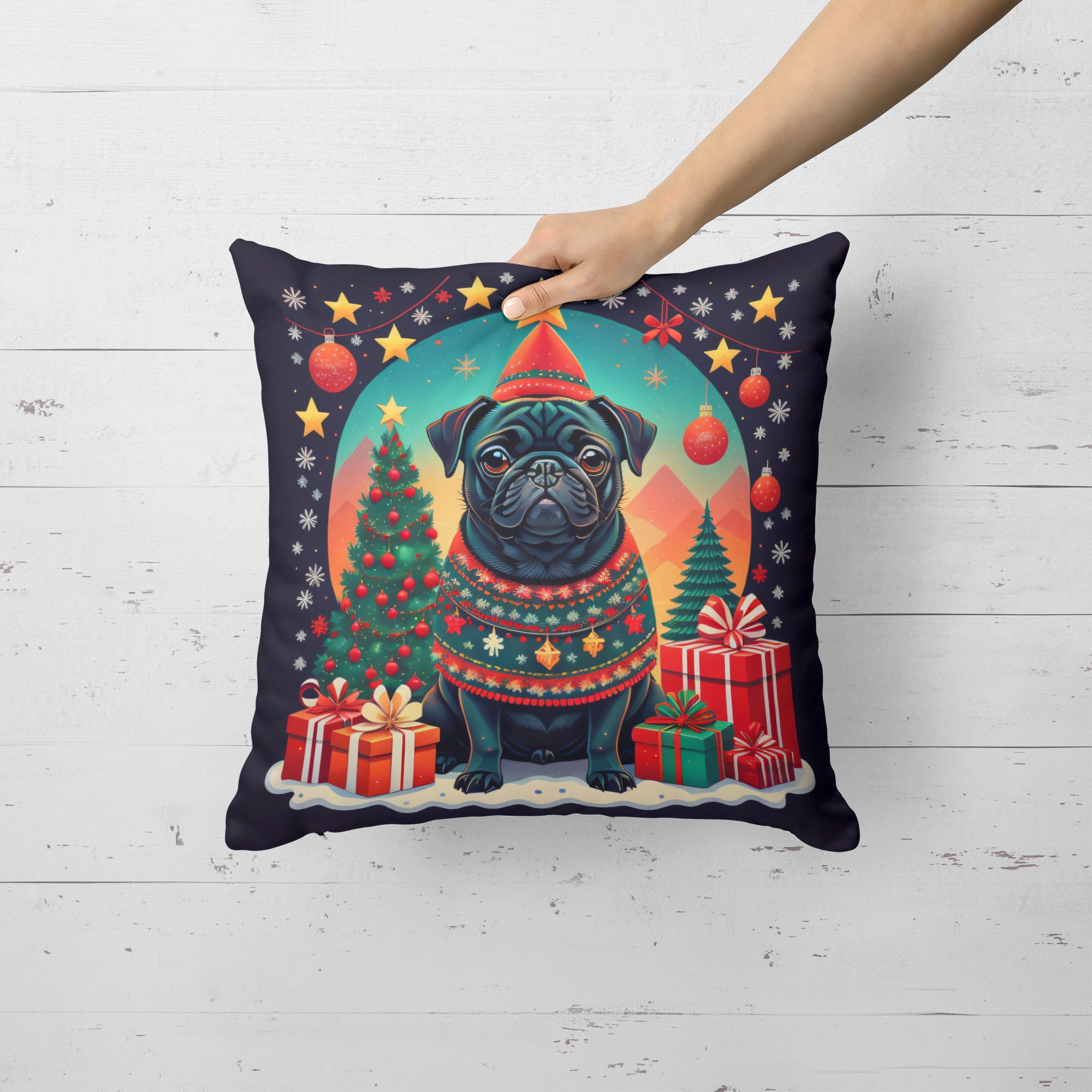 Black Pug Christmas Fabric Decorative Pillow  the-store.com.