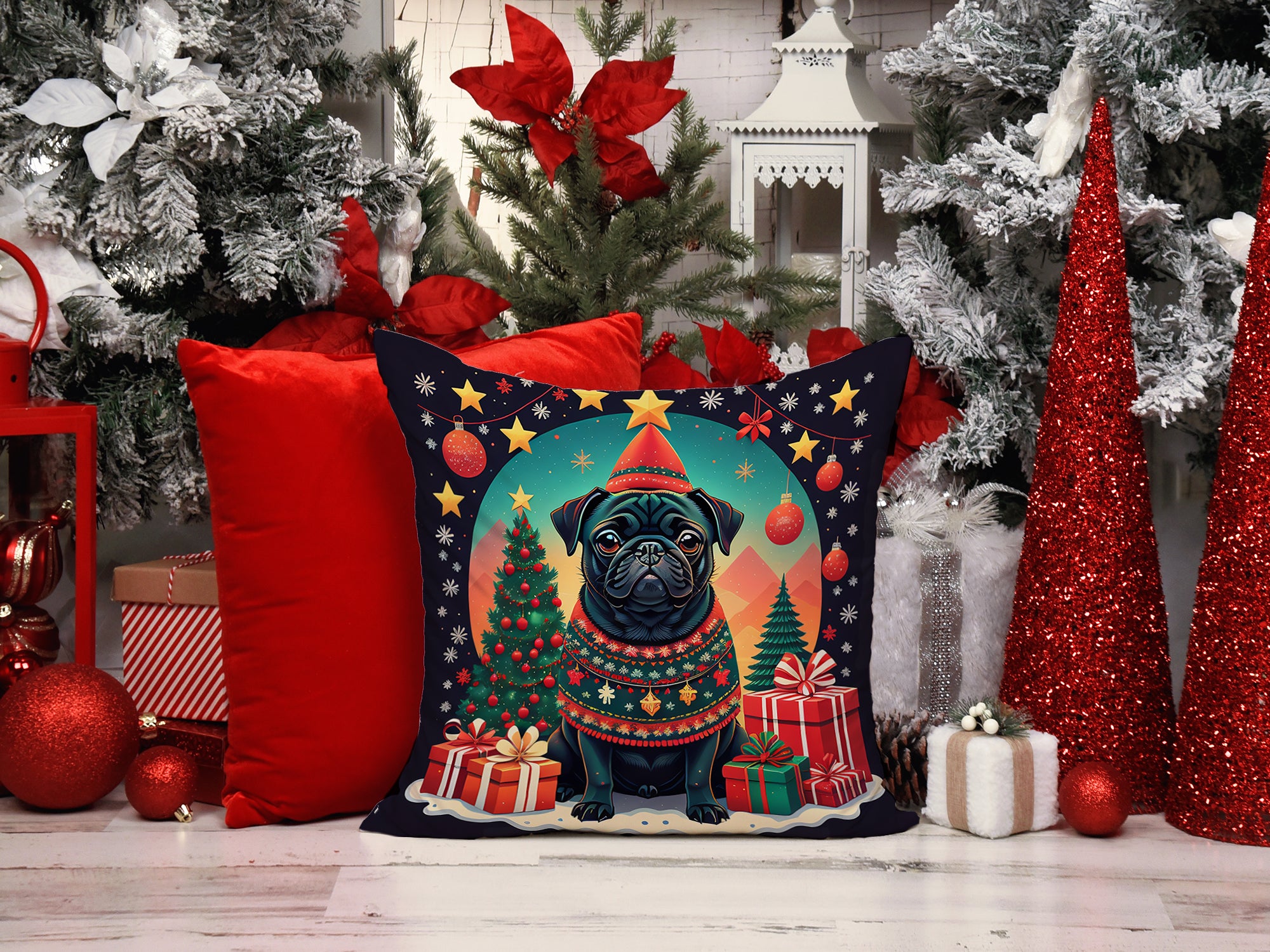 Buy this Black Pug Christmas Fabric Decorative Pillow