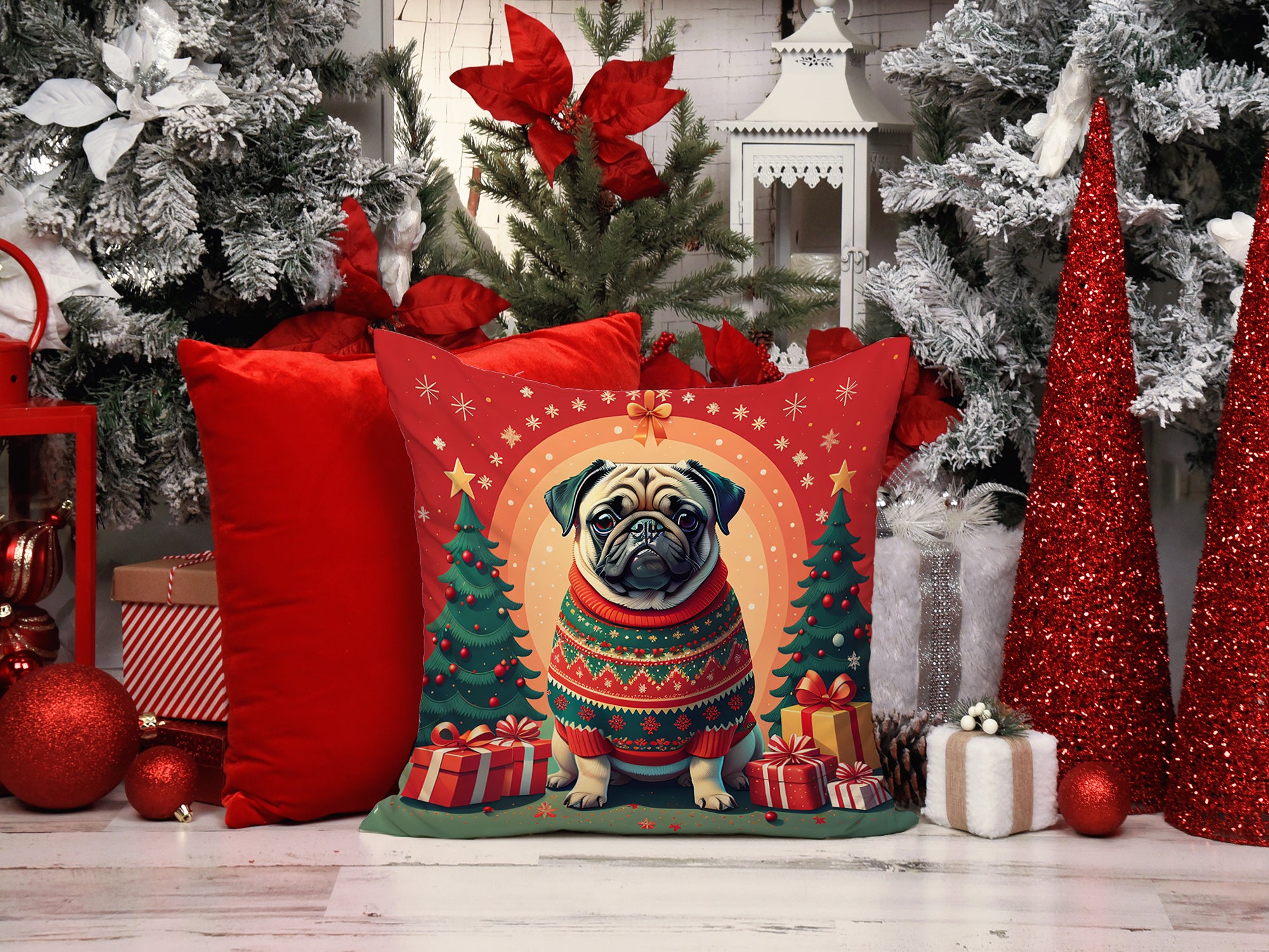 Buy this Fawn Pug Christmas Fabric Decorative Pillow