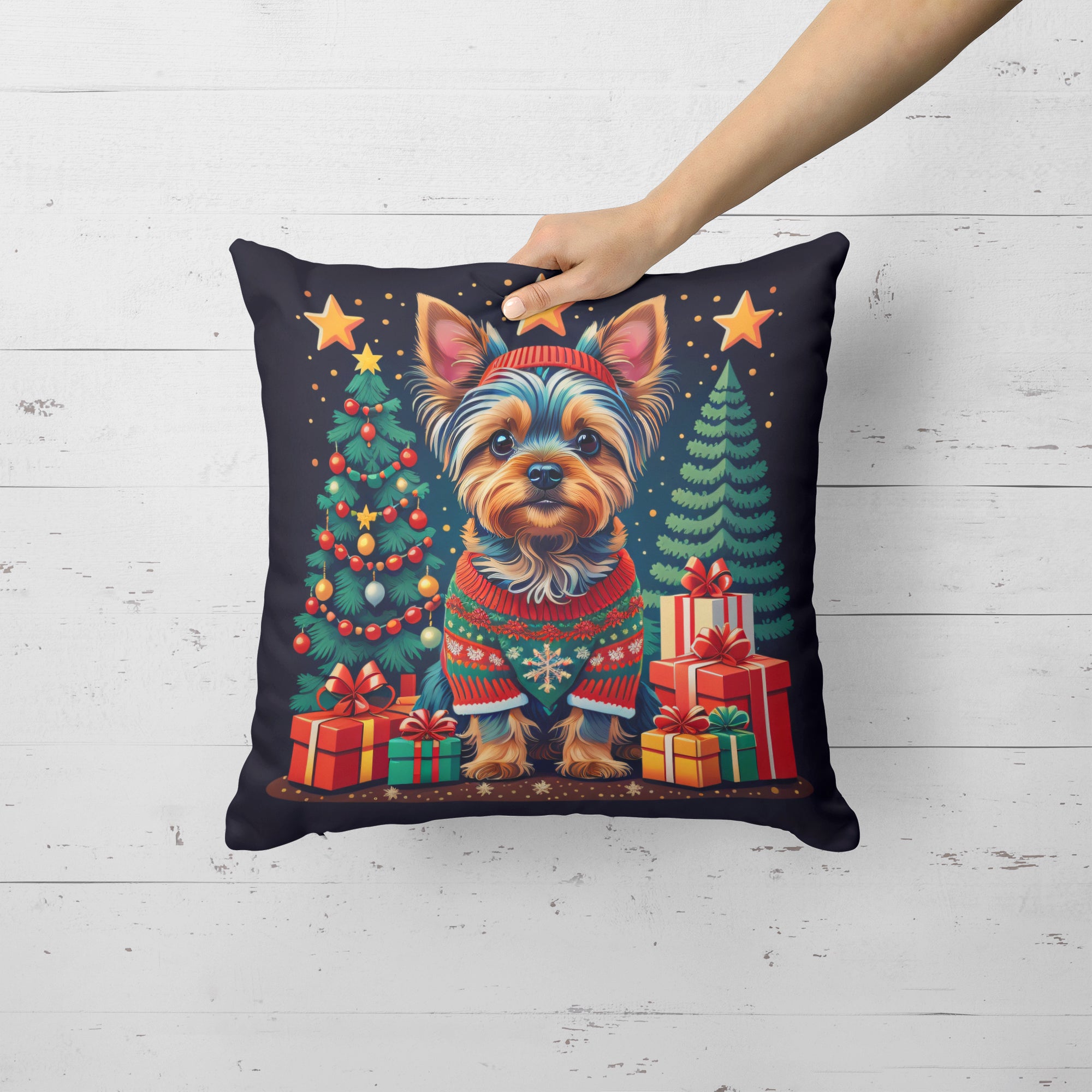 Yorkie Yorkshire Terrier Christmas Fabric Decorative Pillow  the-store.com.