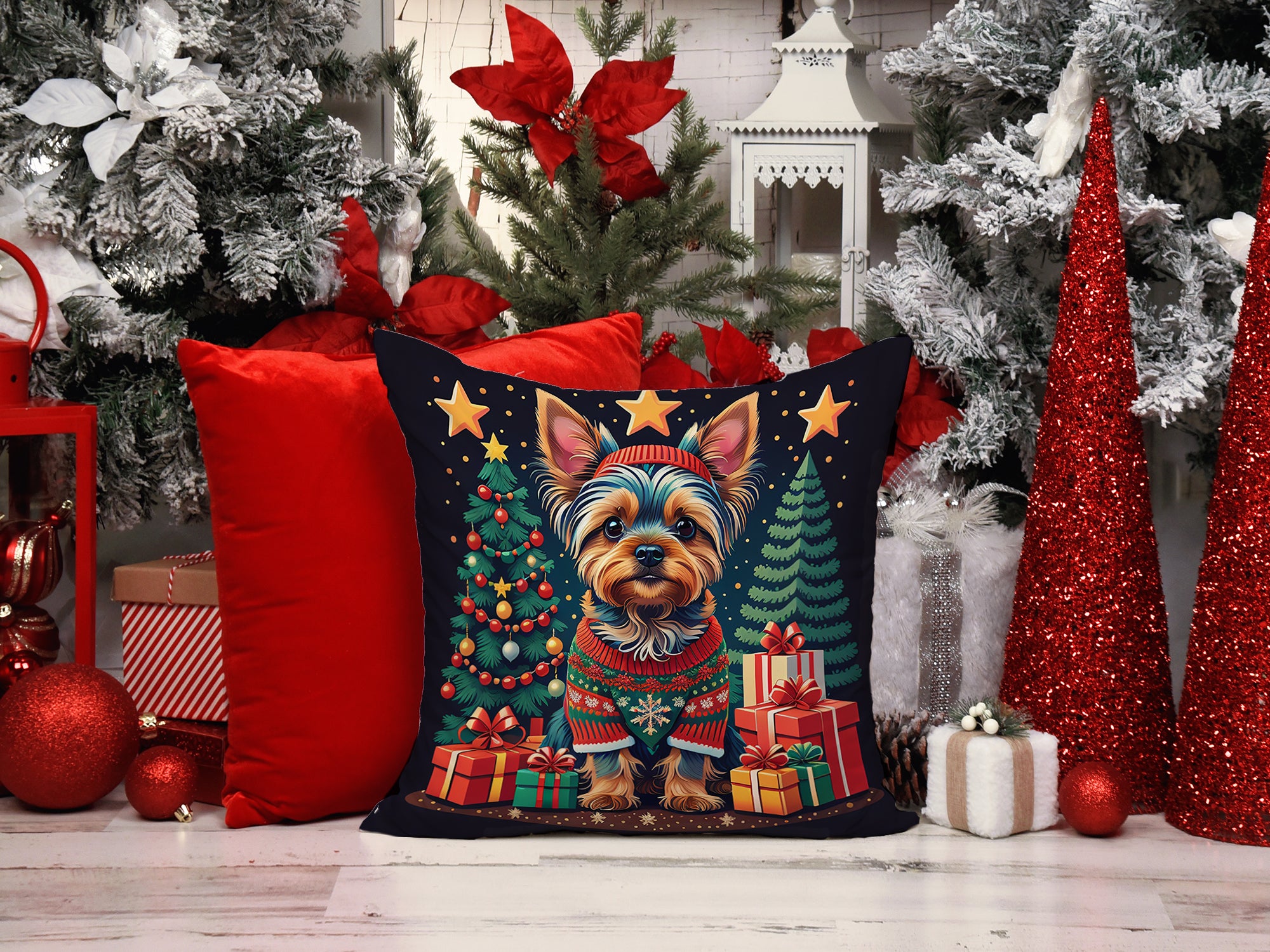 Yorkie Yorkshire Terrier Christmas Fabric Decorative Pillow  the-store.com.