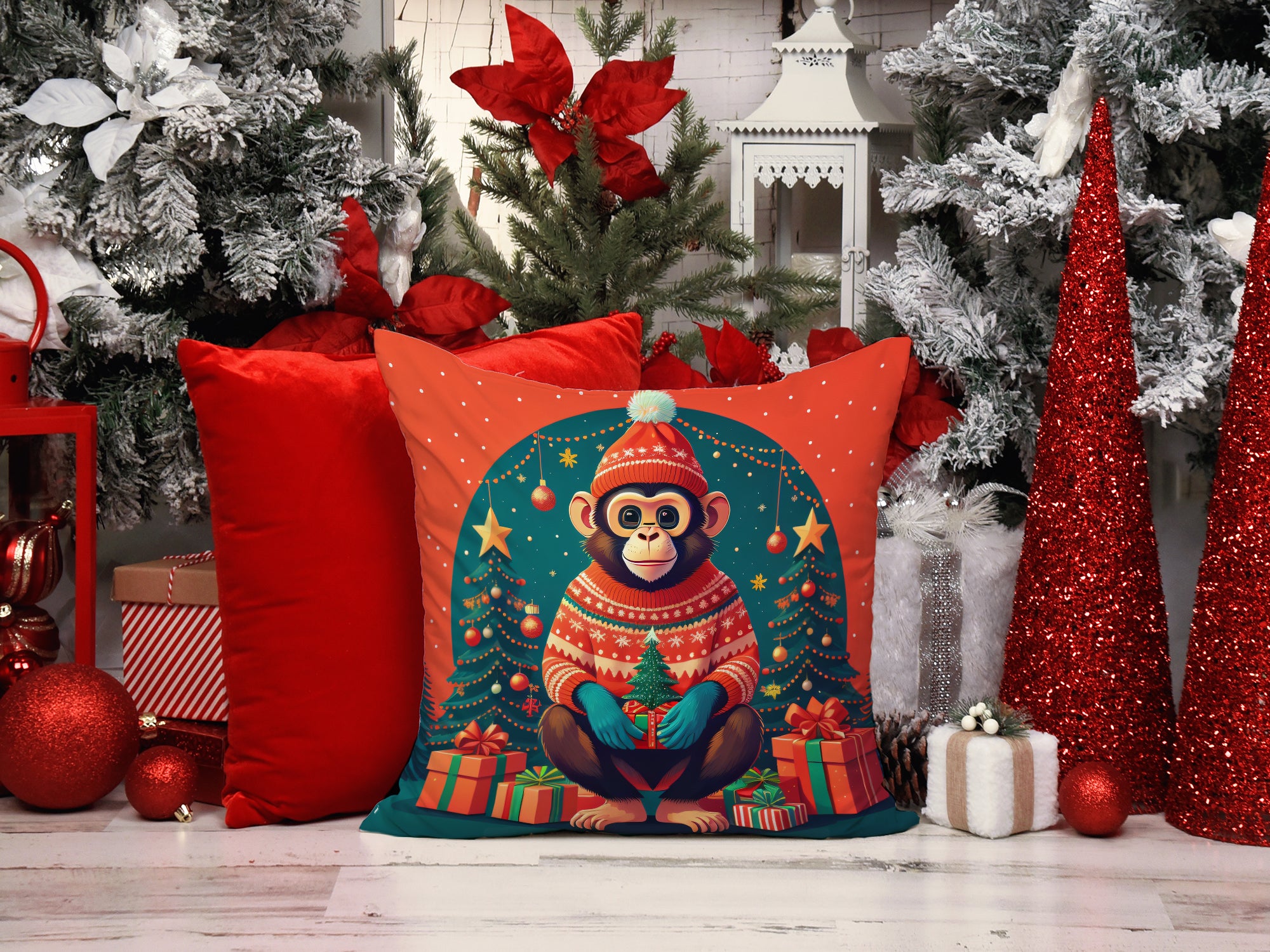 Monkey Christmas Fabric Decorative Pillow  the-store.com.