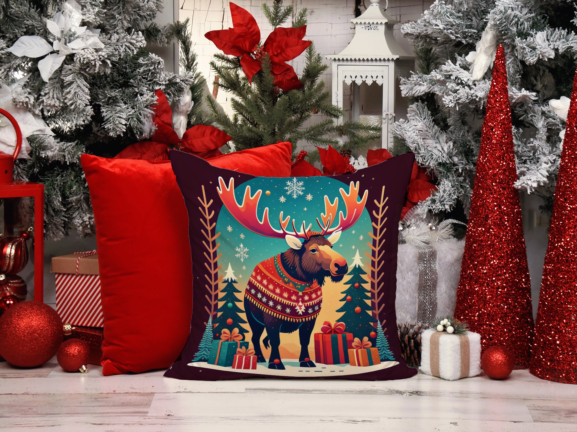 Moose Christmas Fabric Decorative Pillow  the-store.com.