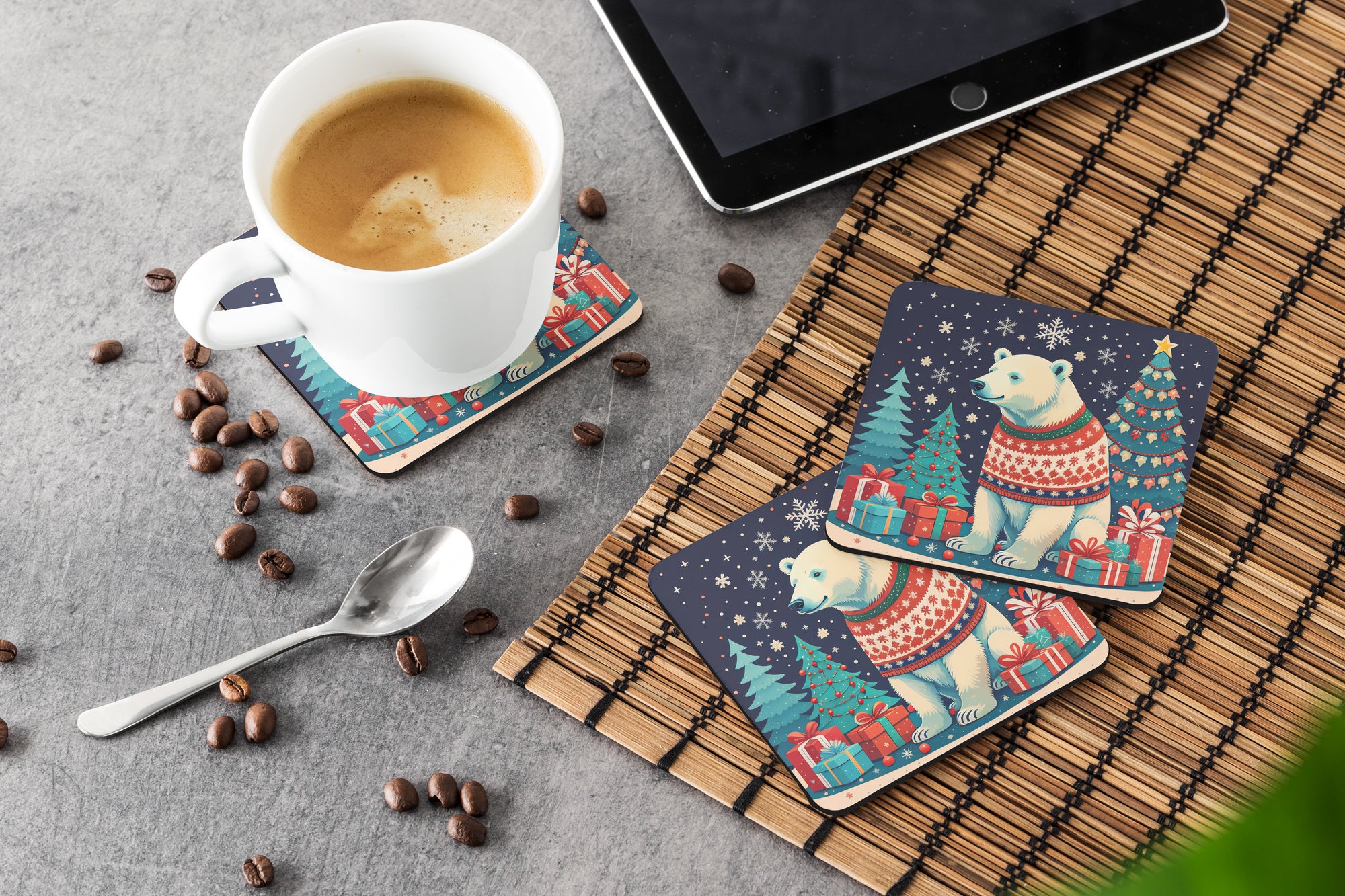 Polar Bear Christmas Foam Coaster Set of 4