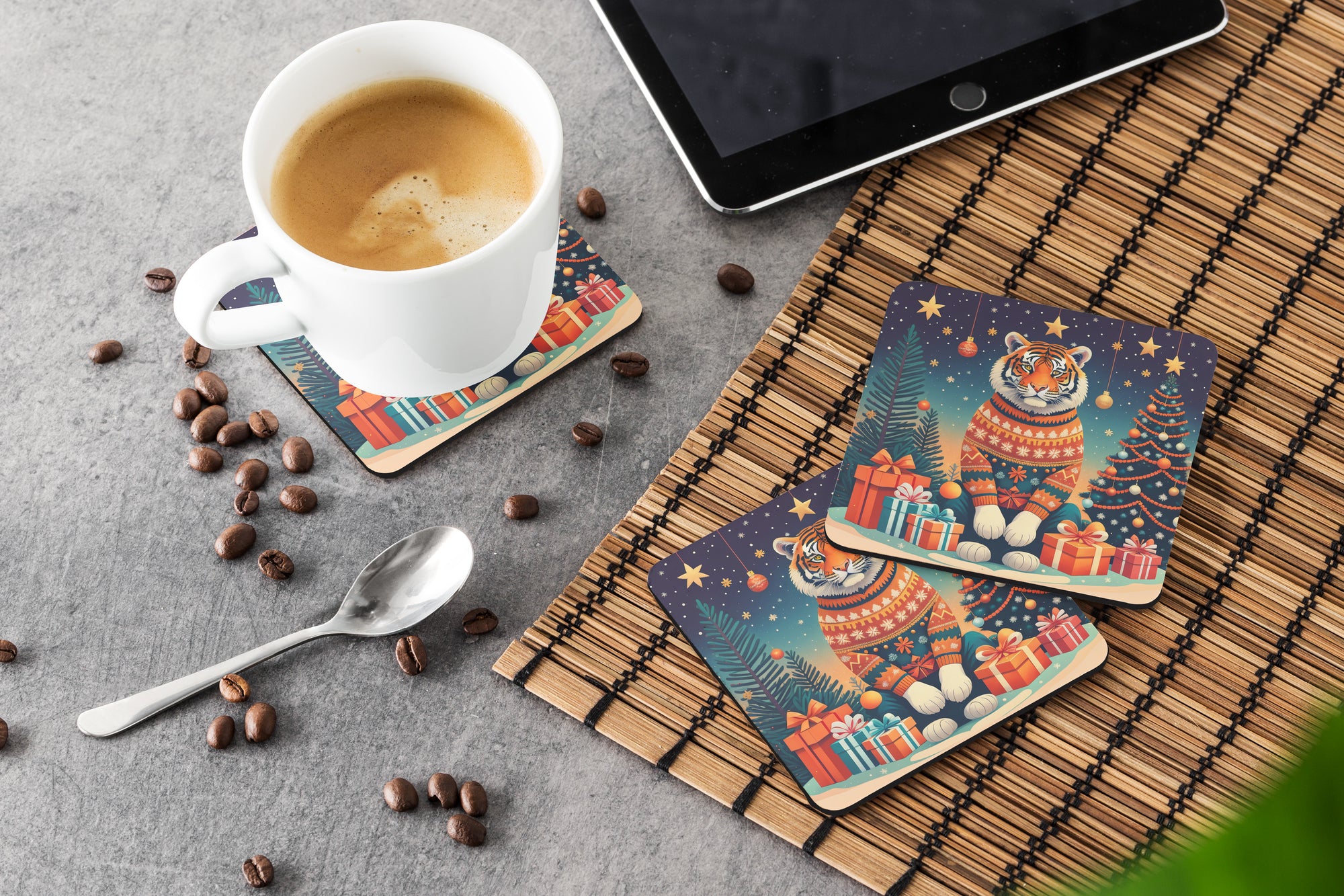 Tiger Christmas Foam Coaster Set of 4