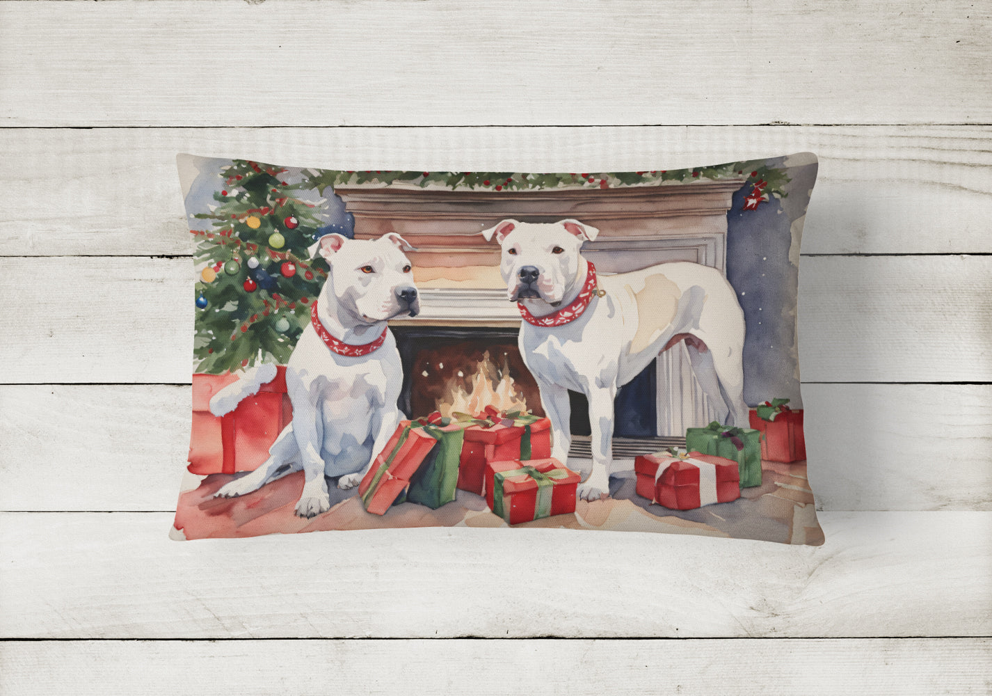 White Pit Bull Terrier Christmas Fabric Decorative Pillow