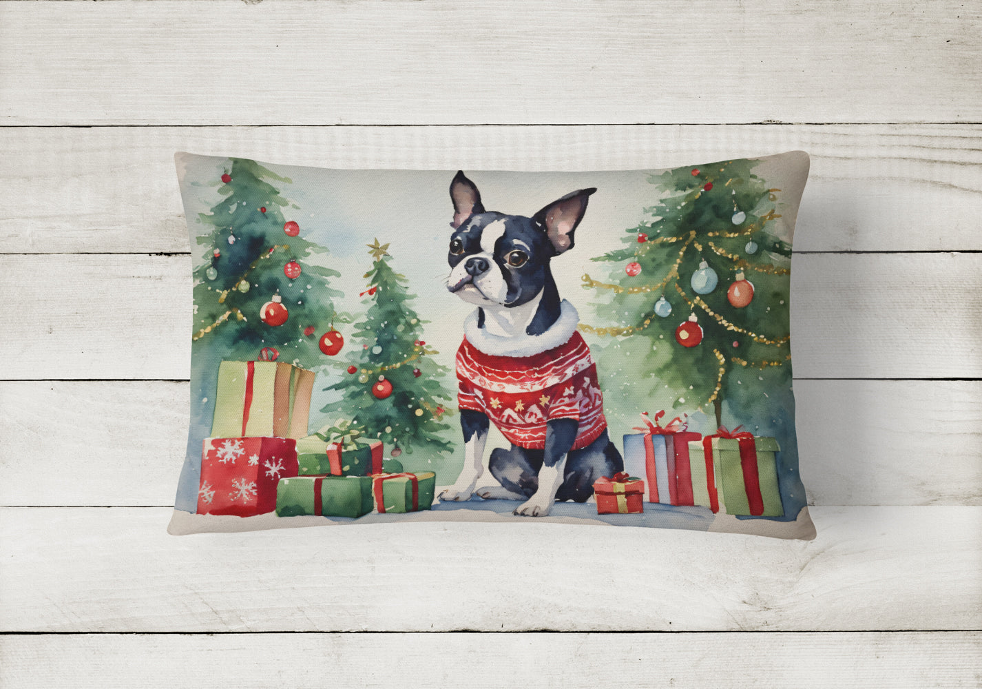 Boston Terrier Christmas Fabric Decorative Pillow