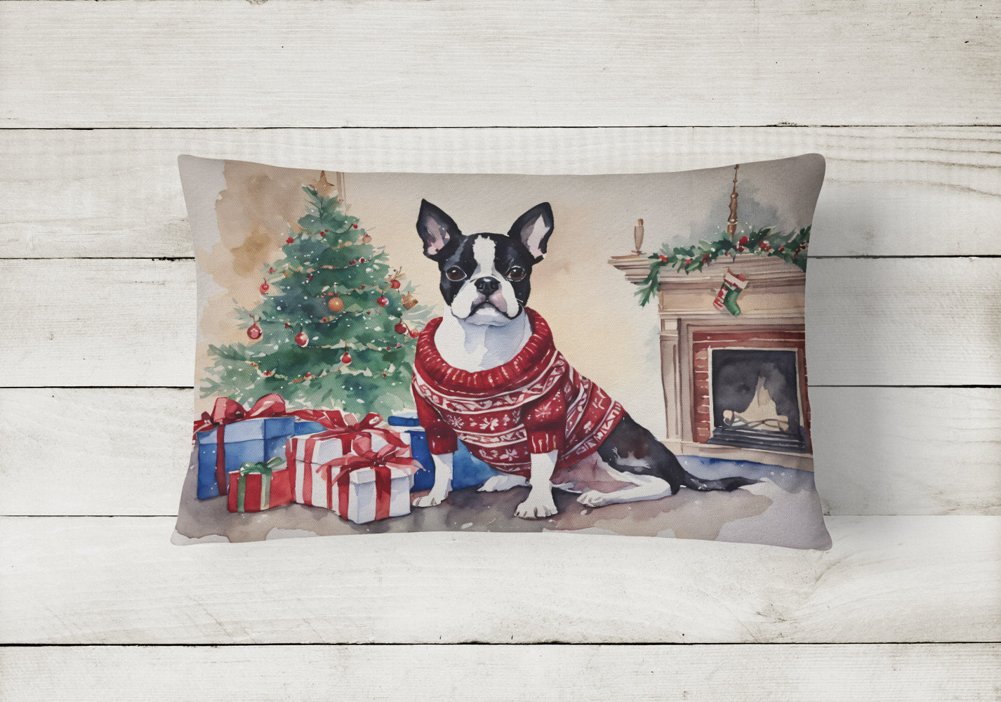 Boston Terrier Christmas Fabric Decorative Pillow