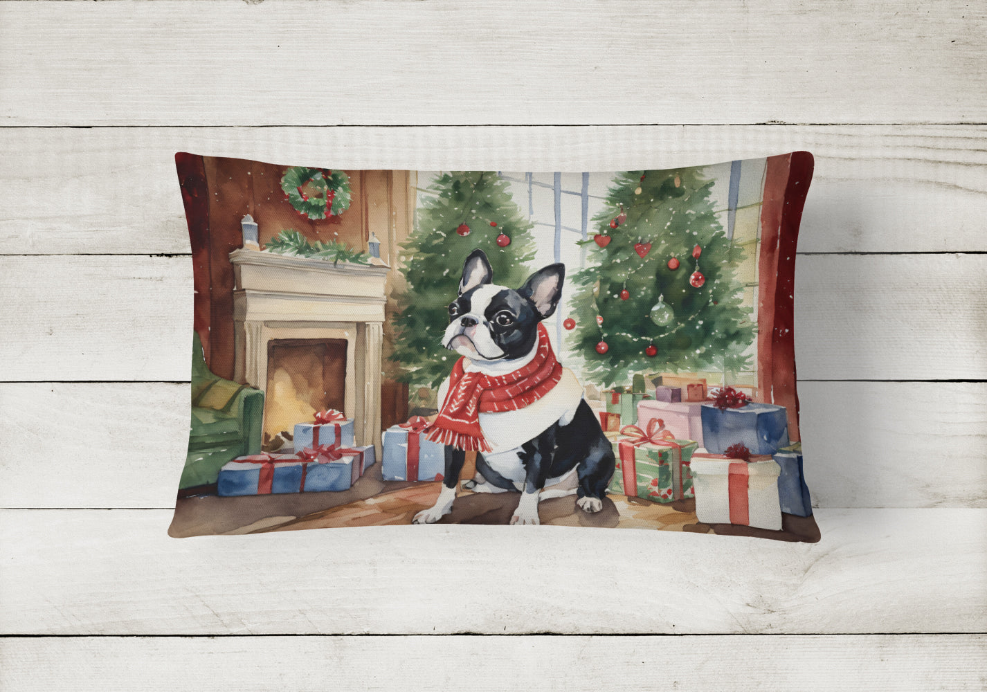 Boston Terrier Christmas Fabric Decorative Pillow