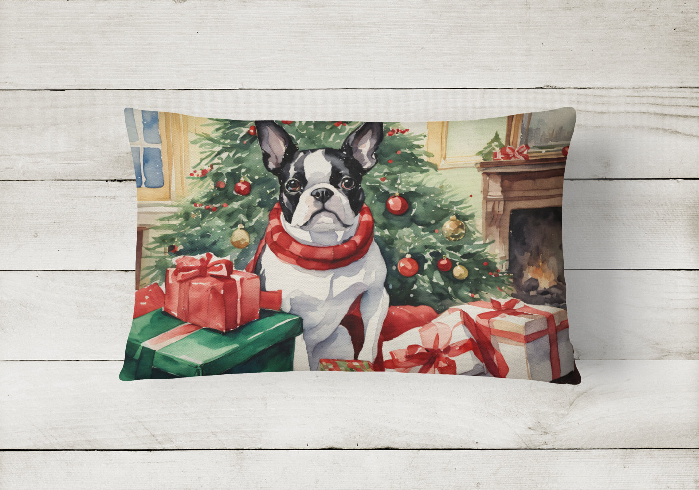 Boston Terrier Christmas Fabric Decorative Pillow