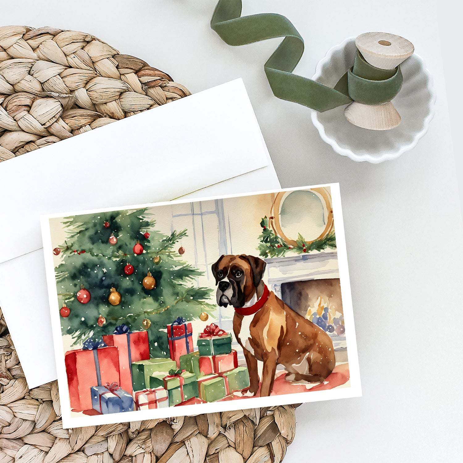 Buy this Fawn Boxer Christmas Greeting Cards and Envelopes Pack of 8