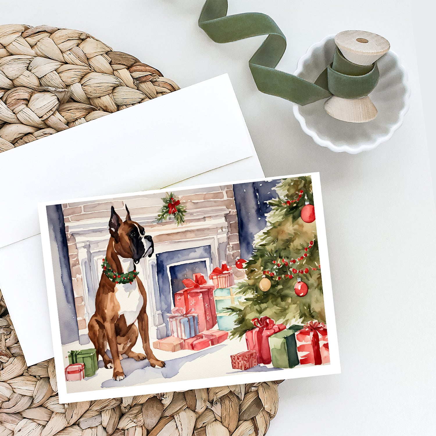 Buy this Fawn Boxer Christmas Greeting Cards and Envelopes Pack of 8