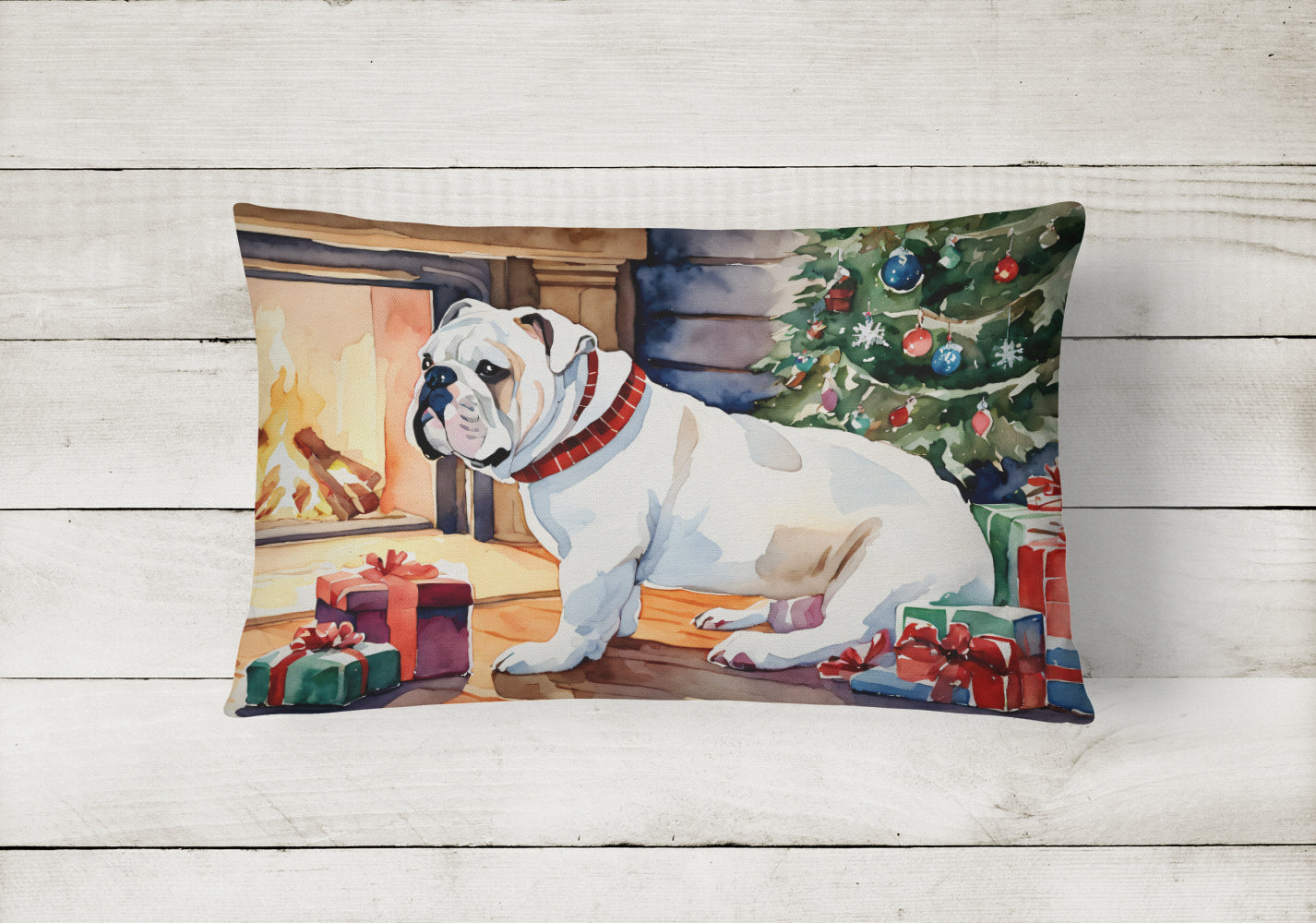 White English Bulldog Christmas Fabric Decorative Pillow  the-store.com.