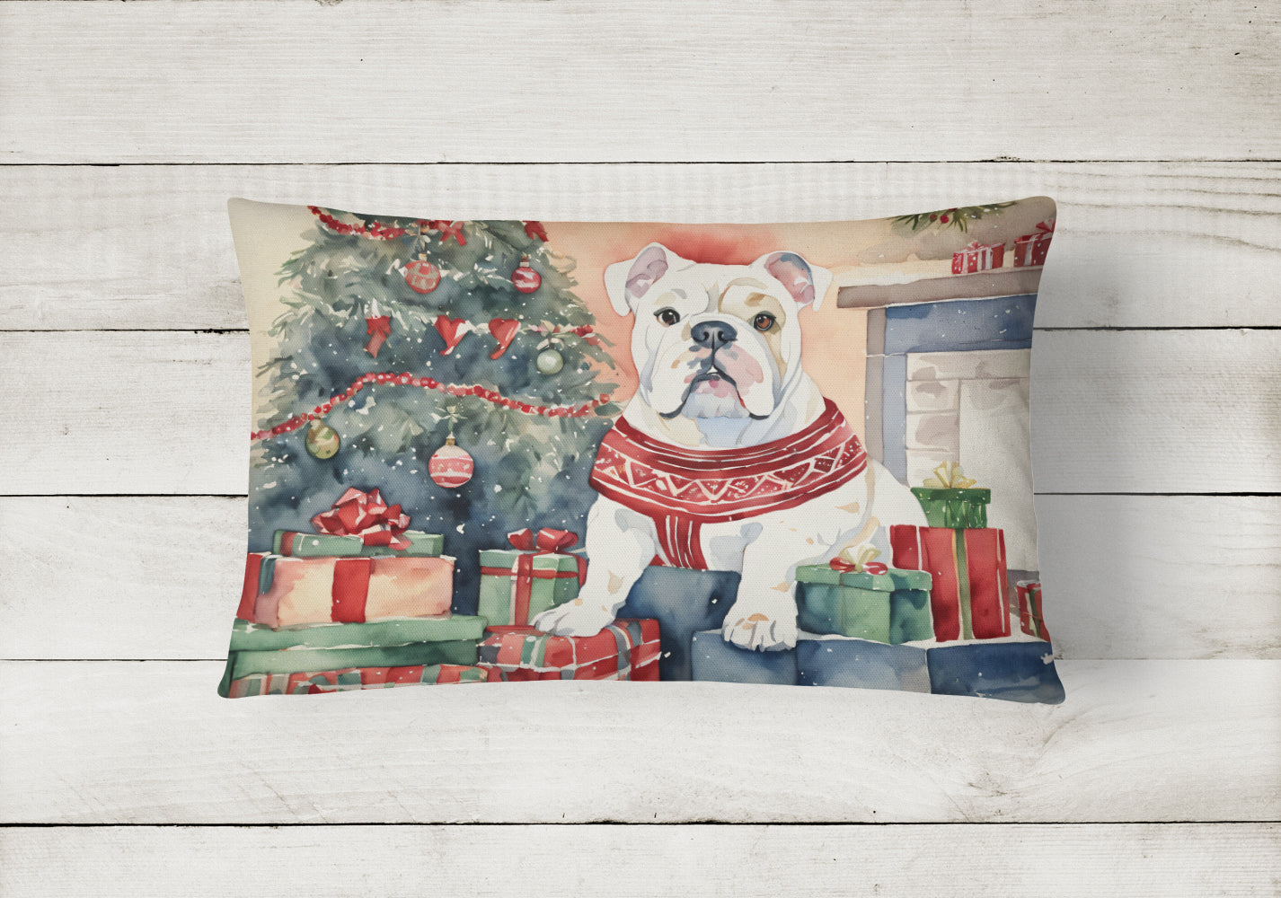 White English Bulldog Christmas Fabric Decorative Pillow  the-store.com.