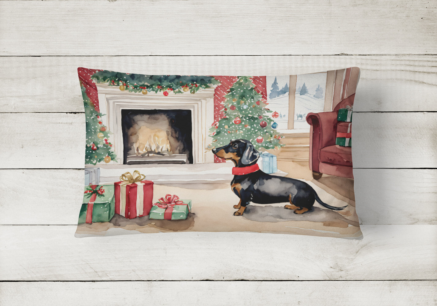 Buy this Black and Tan Dachshund Christmas Fabric Decorative Pillow