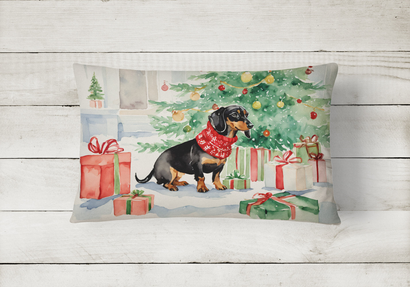 Buy this Black and Tan Dachshund Christmas Fabric Decorative Pillow