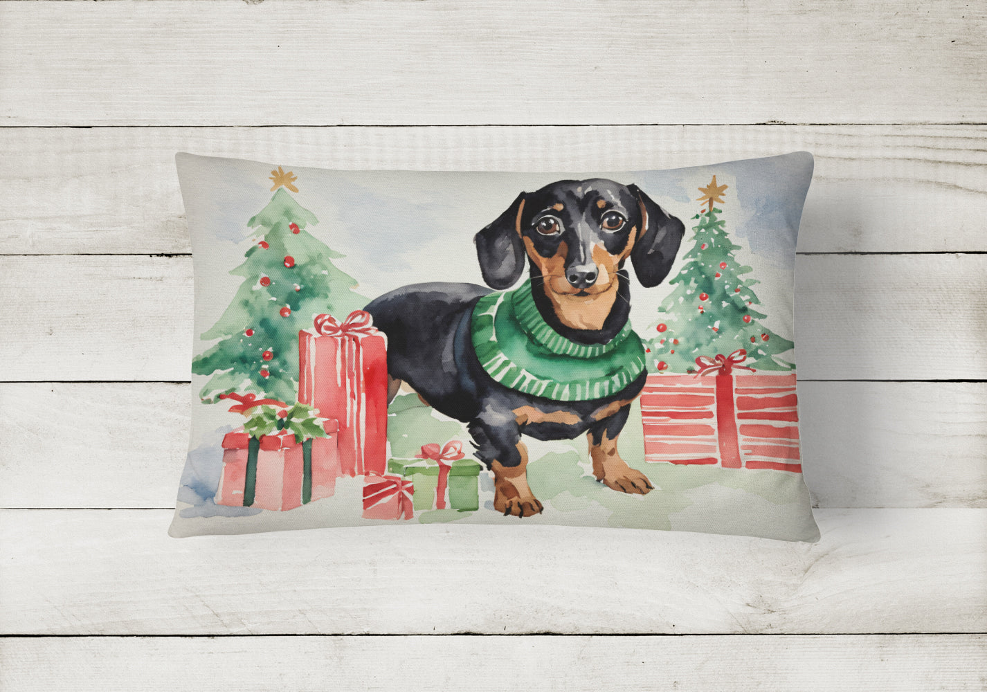 Black and Tan Dachshund Christmas Fabric Decorative Pillow  the-store.com.