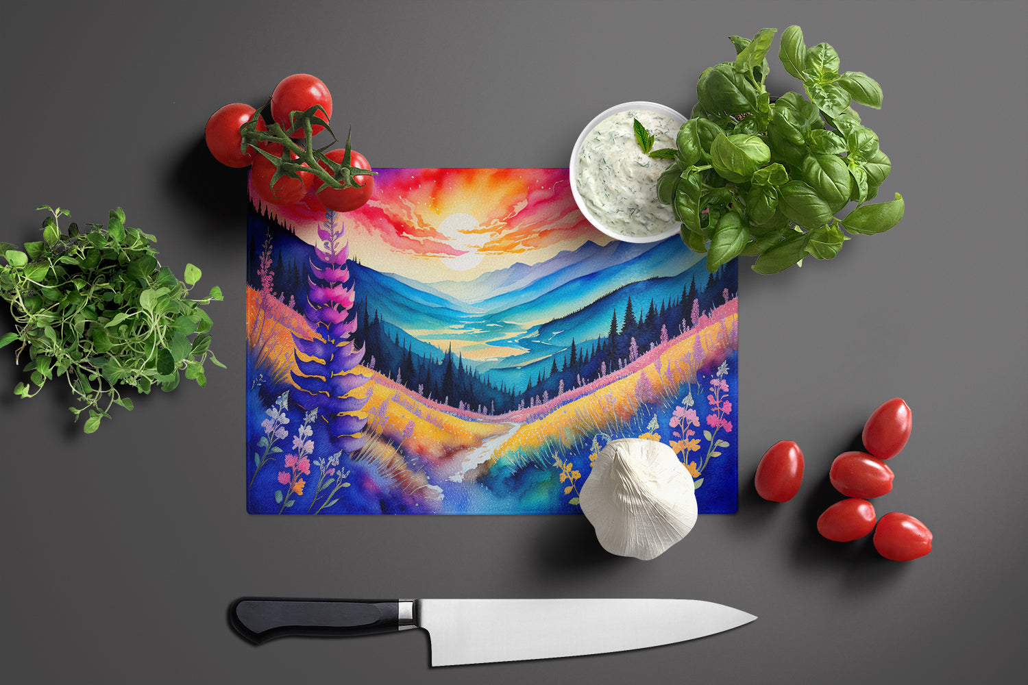 Annual Larkspur in Color Glass Cutting Board Large  the-store.com.
