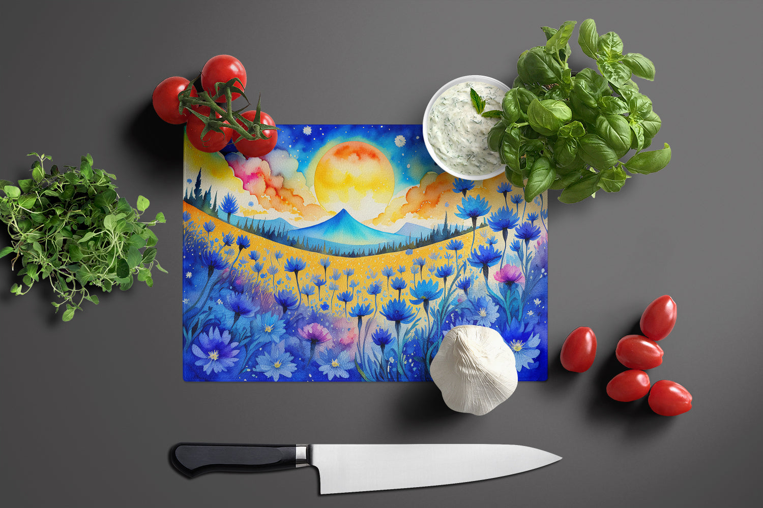Blue Cornflowers in Color Glass Cutting Board Large  the-store.com.