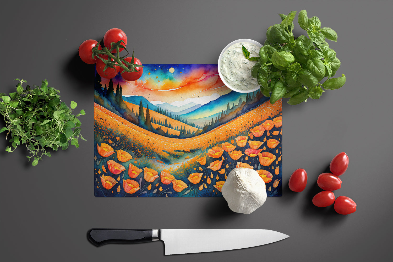 California Poppies in Color Glass Cutting Board Large  the-store.com.