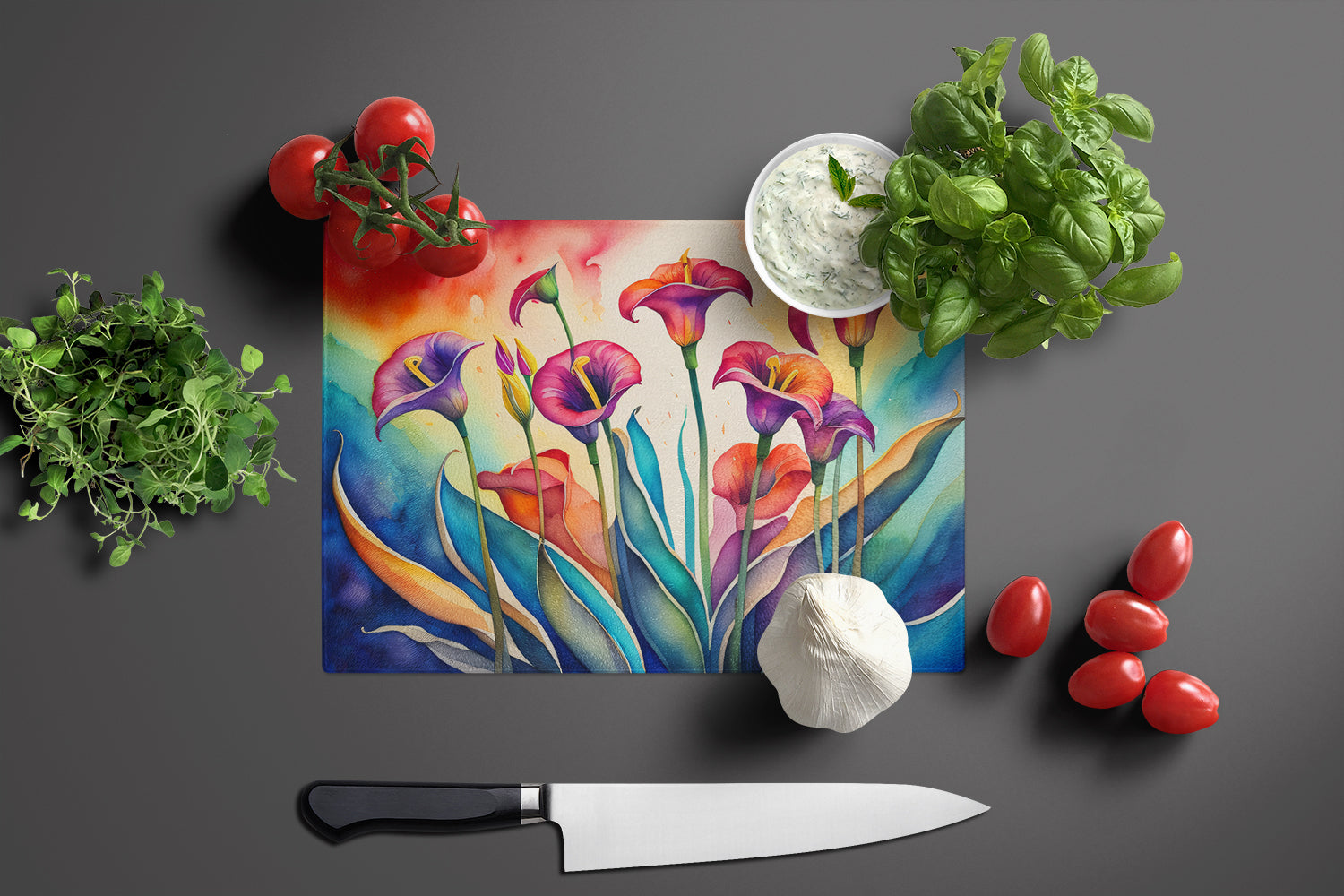 Calla Lilies in Color Glass Cutting Board Large  the-store.com.