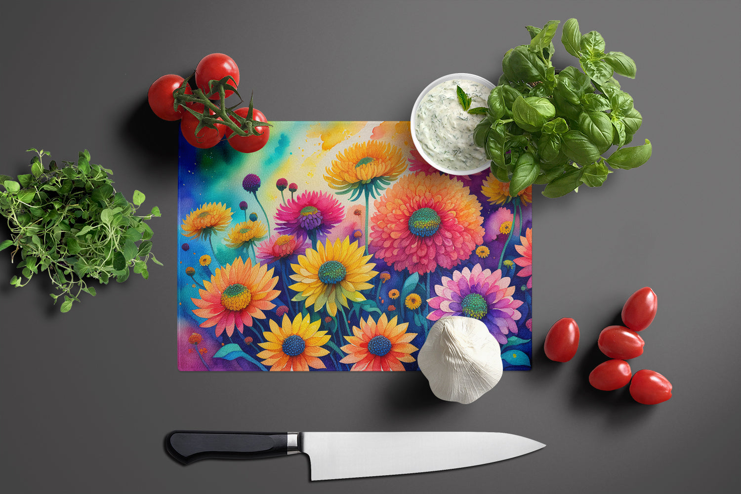Chrysanthemums in Color Glass Cutting Board Large  the-store.com.
