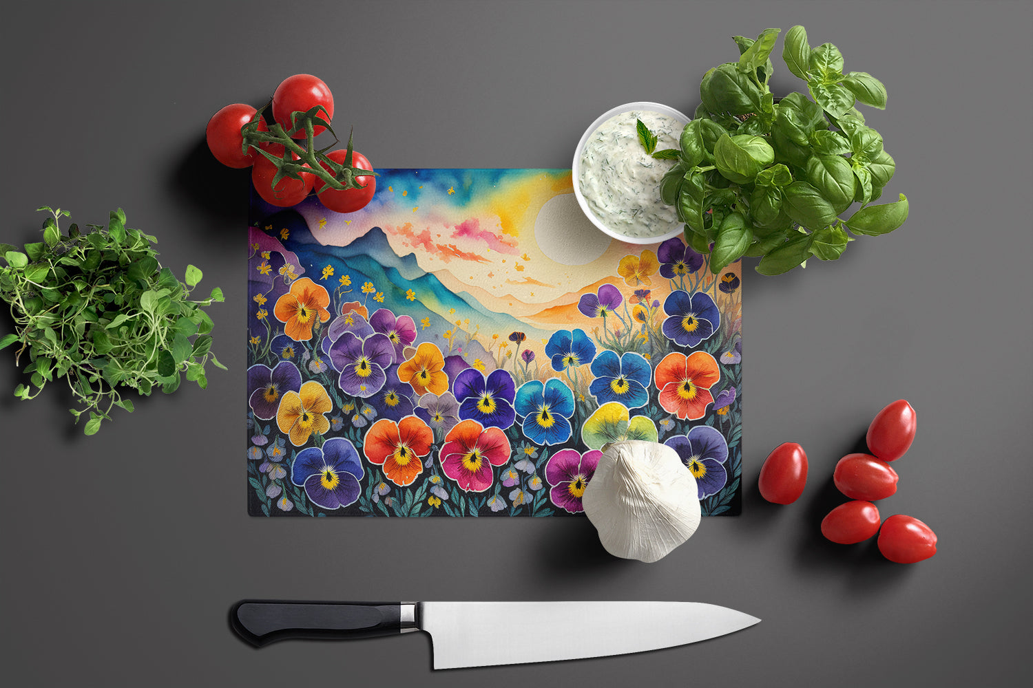 Pansies in Color Glass Cutting Board Large  the-store.com.