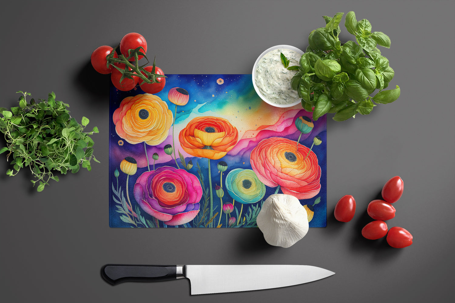 Ranunculus in Color Glass Cutting Board Large  the-store.com.