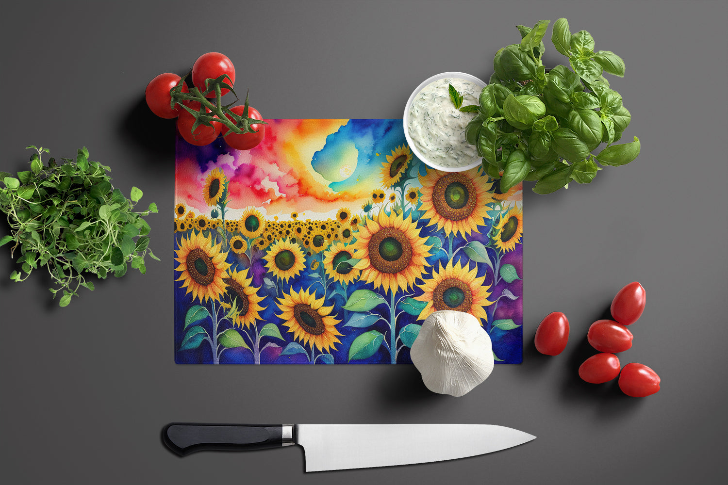 Sunflowers in Color Glass Cutting Board Large  the-store.com.