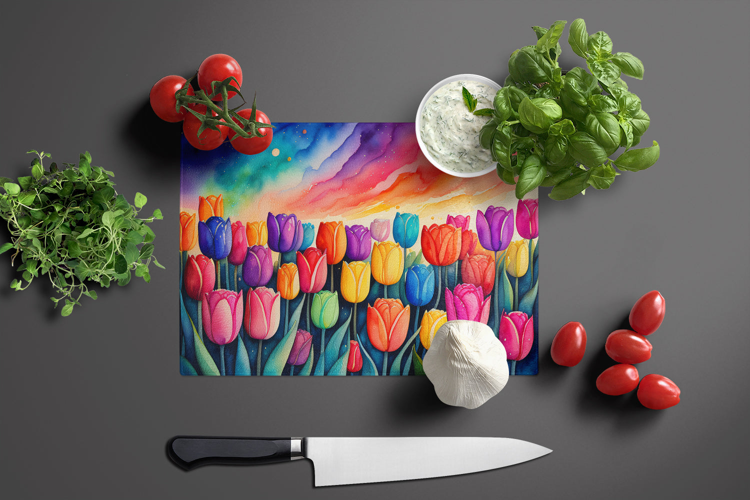 Tulips in Color Glass Cutting Board Large  the-store.com.