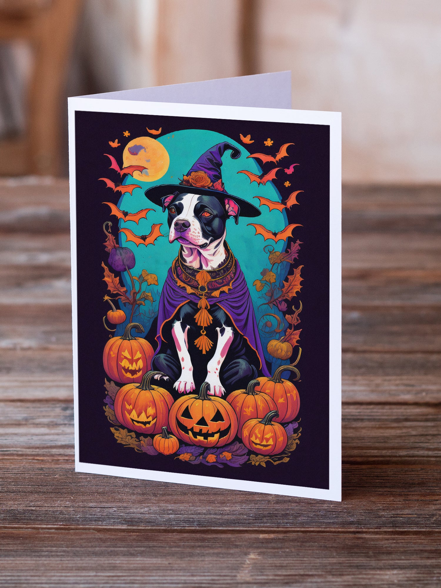 Pit Bull Terrier Witchy Halloween Greeting Cards and Envelopes Pack of 8  the-store.com.