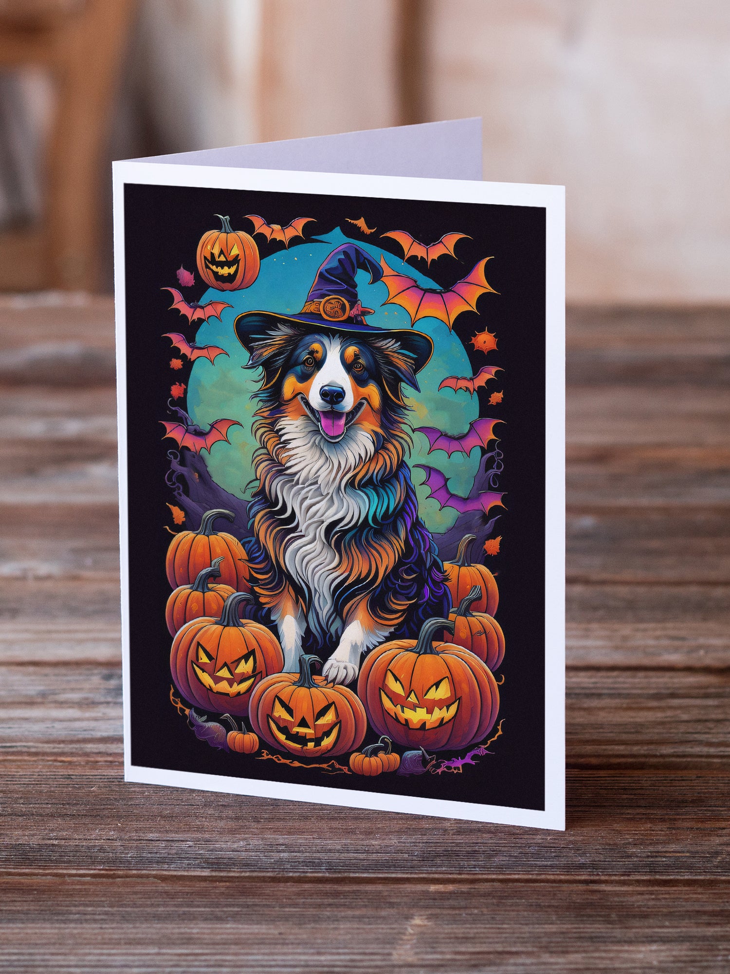 Australian Shepherd Witchy Halloween Greeting Cards and Envelopes Pack of 8  the-store.com.