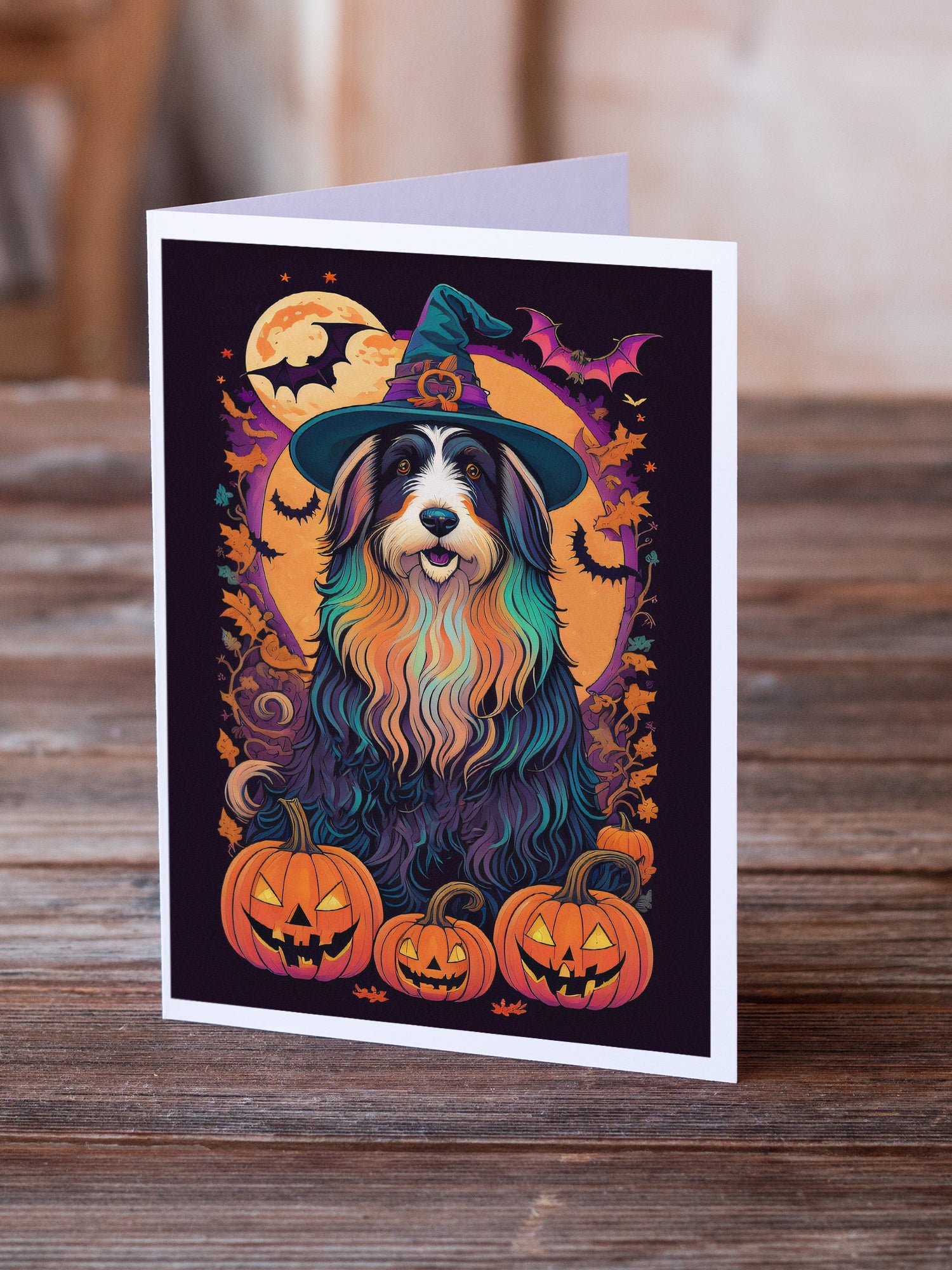 Buy this Bearded Collie Witchy Halloween Greeting Cards and Envelopes Pack of 8