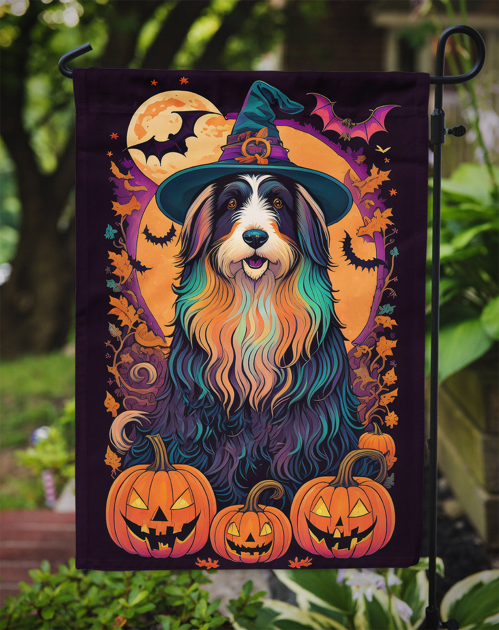 Bearded Collie Witchy Halloween Garden Flag