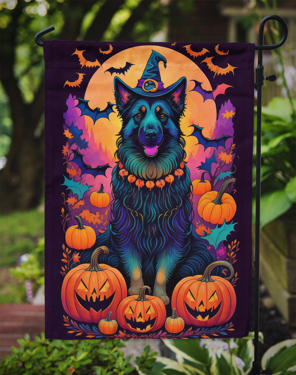 Belgian Sheepdog Witchy Halloween Garden Flag