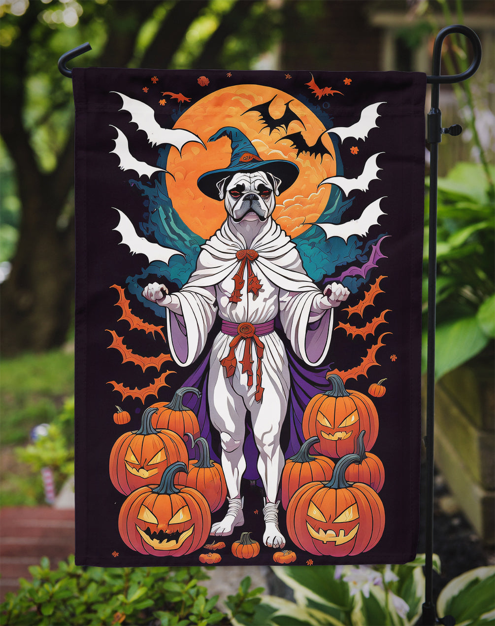 White Boxer Witchy Halloween Garden Flag  the-store.com.