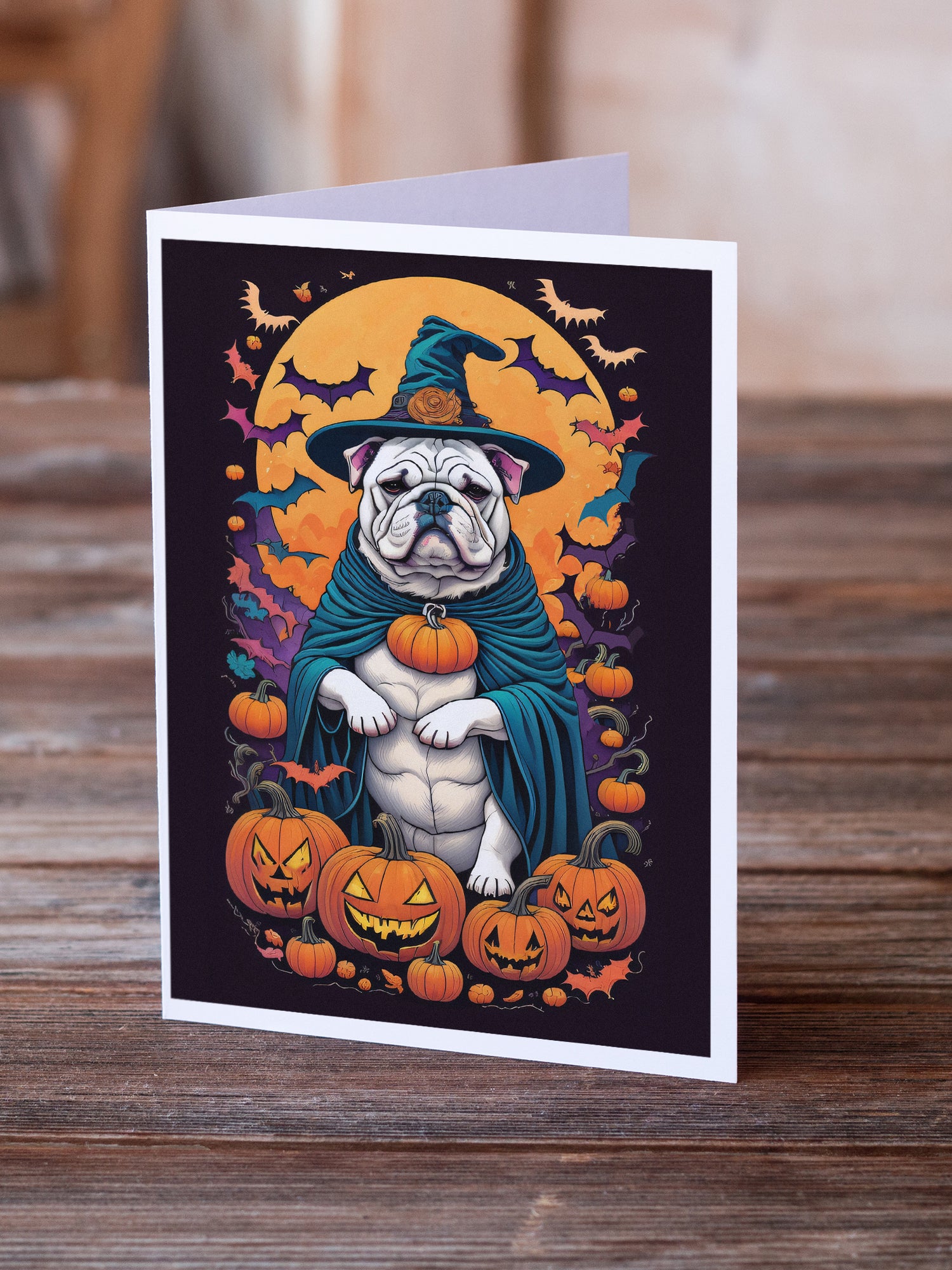 White English Bulldog Witchy Halloween Greeting Cards and Envelopes Pack of 8  the-store.com.
