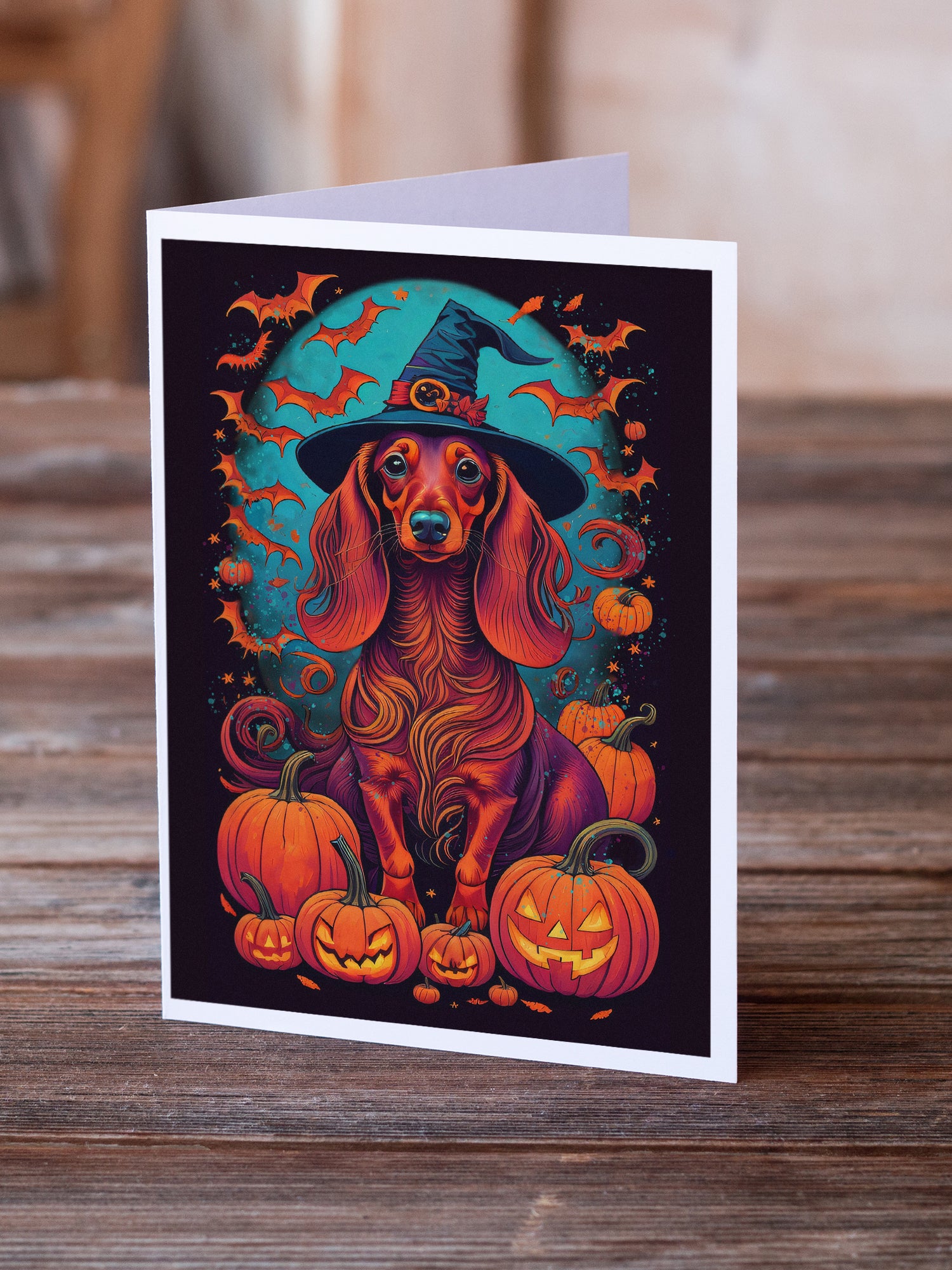 Longhair Dachshund Witchy Halloween Greeting Cards and Envelopes Pack of 8  the-store.com.