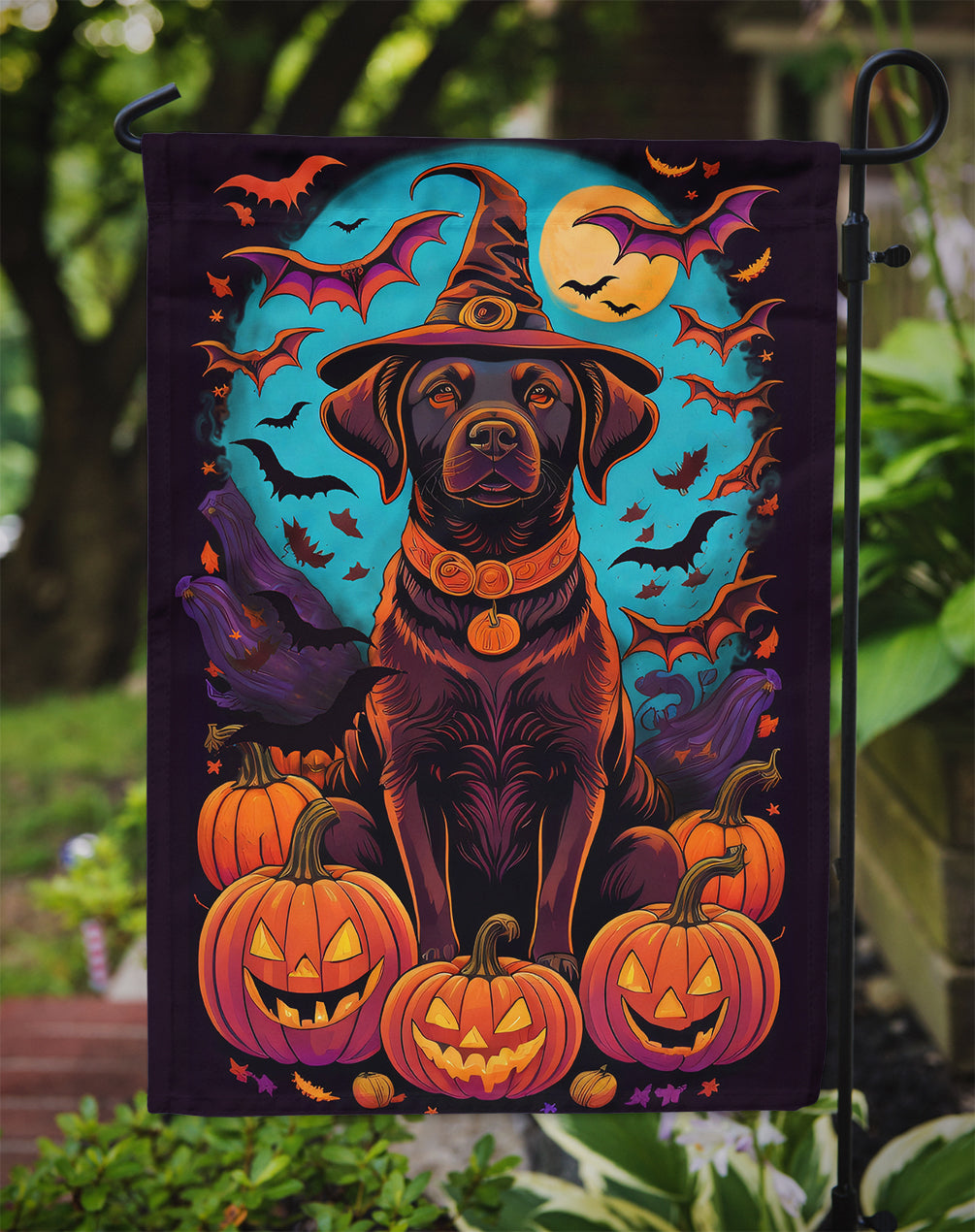 Chocolate Labrador Retriever Witchy Halloween Garden Flag  the-store.com.