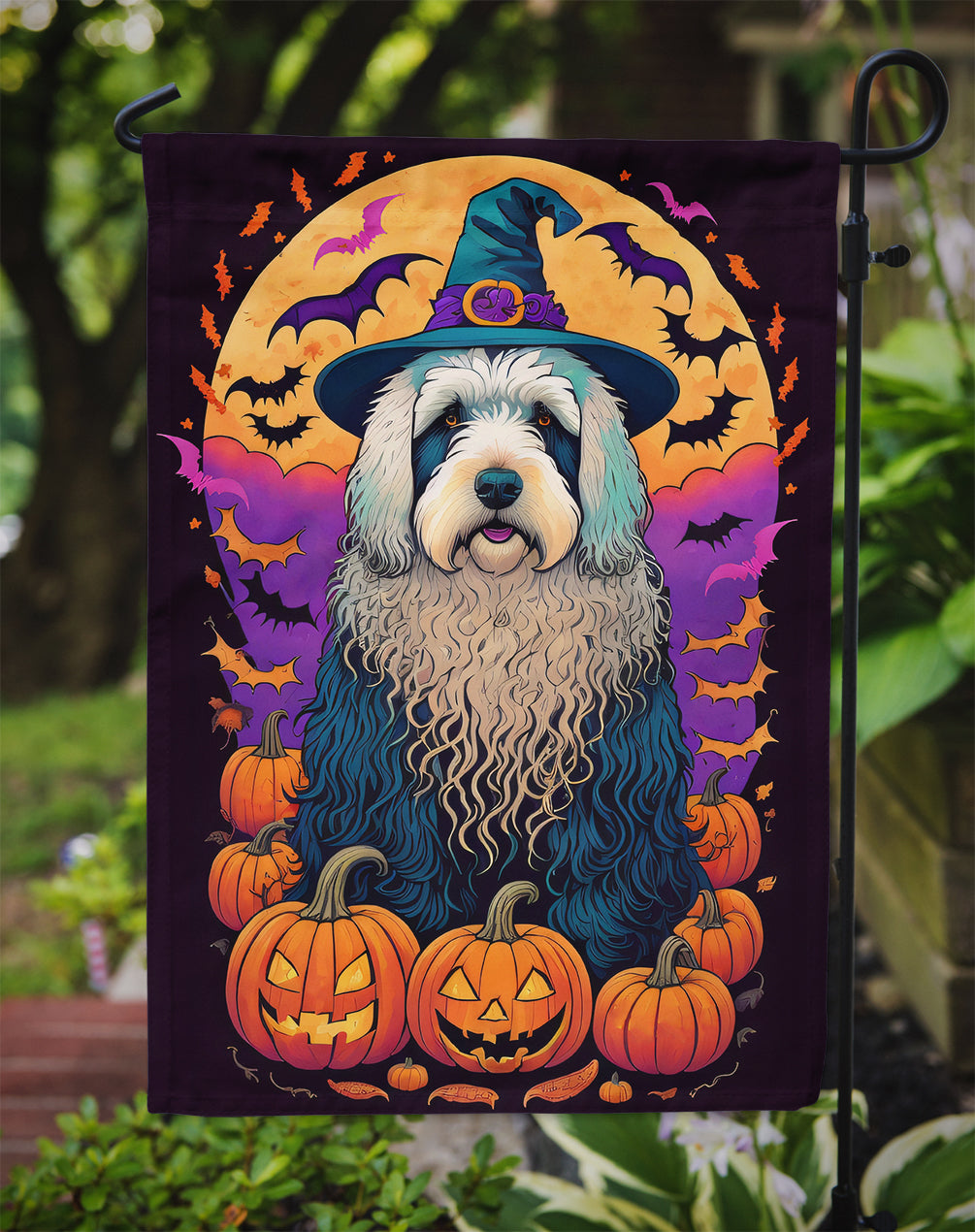 Old English Sheepdog Witchy Halloween Garden Flag  the-store.com.