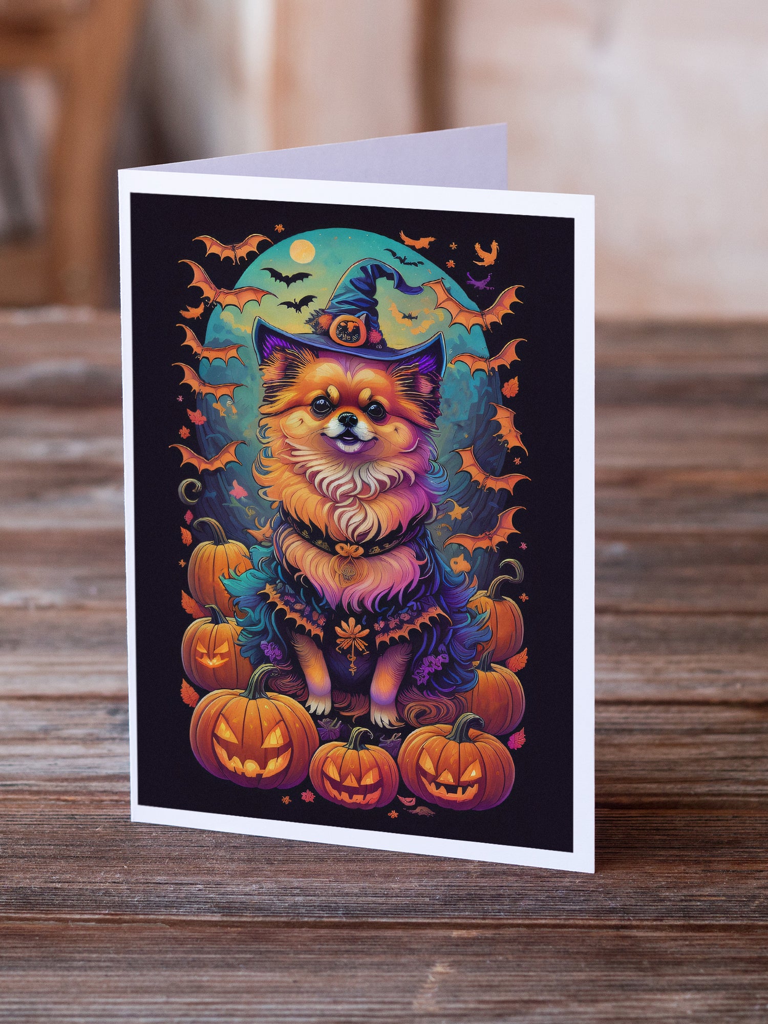 Pomeranian Witchy Halloween Greeting Cards and Envelopes Pack of 8  the-store.com.