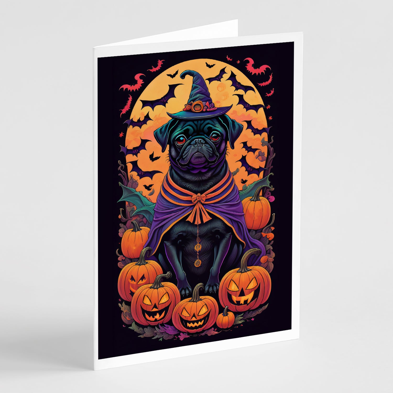 Buy this Black Pug Witchy Halloween Greeting Cards and Envelopes Pack of 8