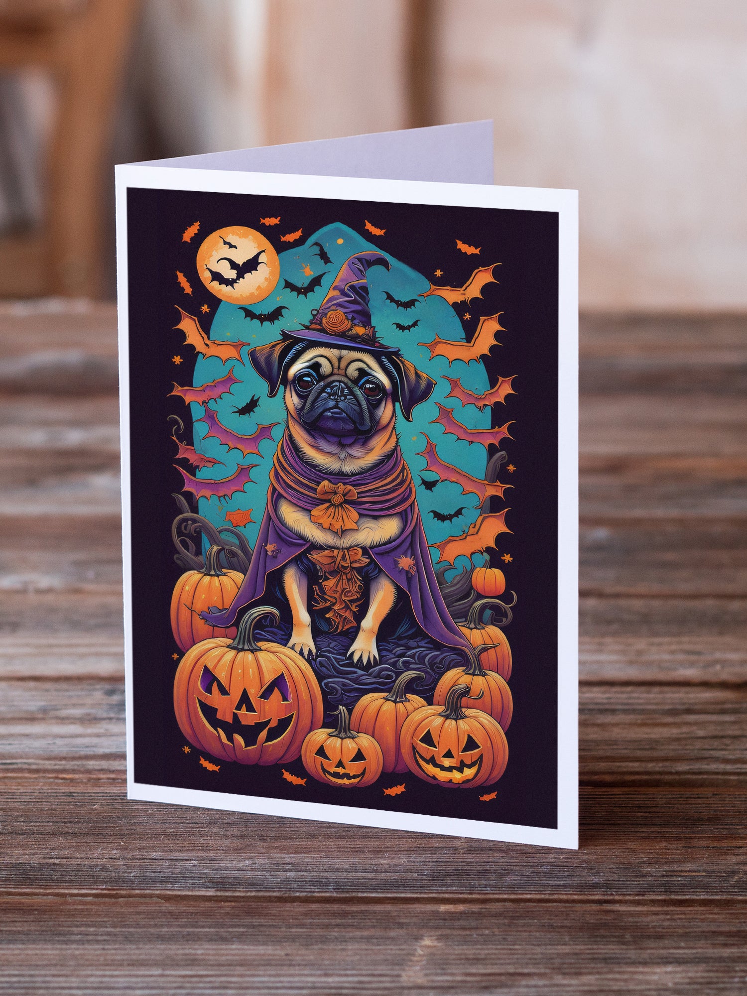 Pug Witchy Halloween Greeting Cards and Envelopes Pack of 8  the-store.com.