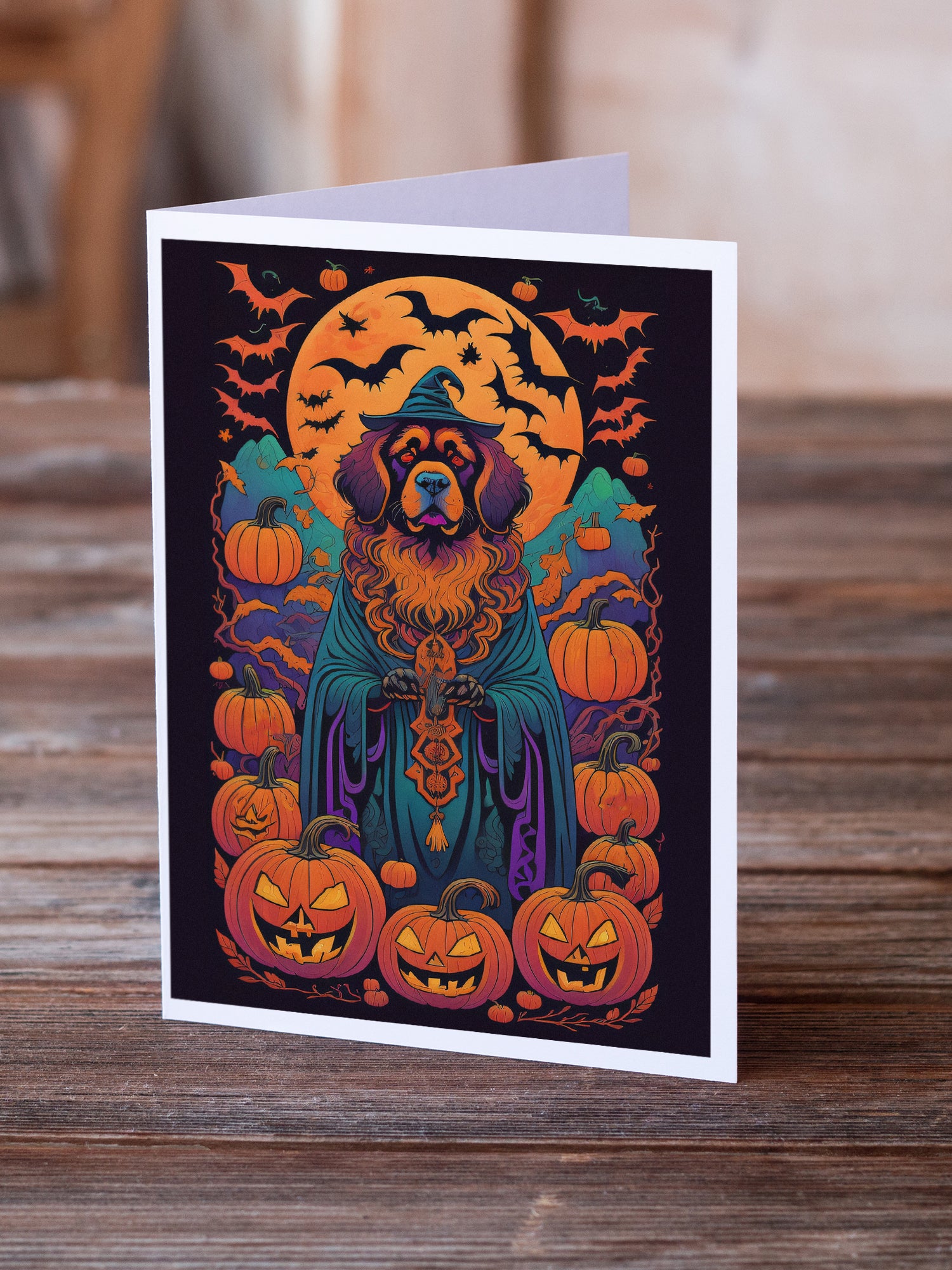 Tibetan Mastiff Witchy Halloween Greeting Cards and Envelopes Pack of 8  the-store.com.