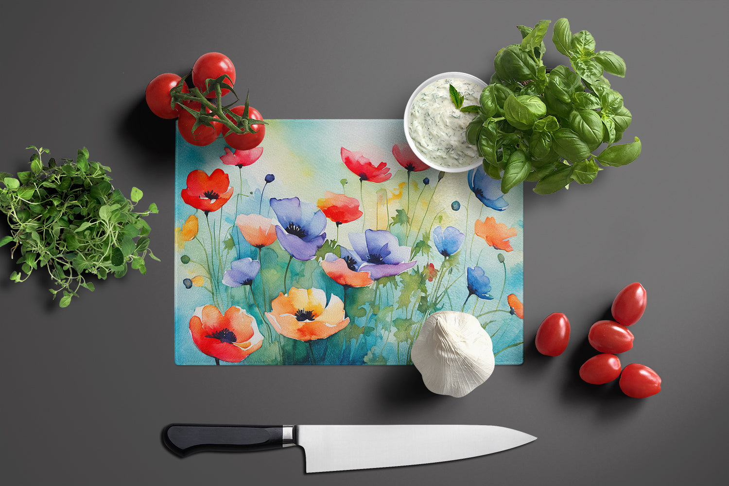 Anemones in Watercolor Glass Cutting Board Large  the-store.com.