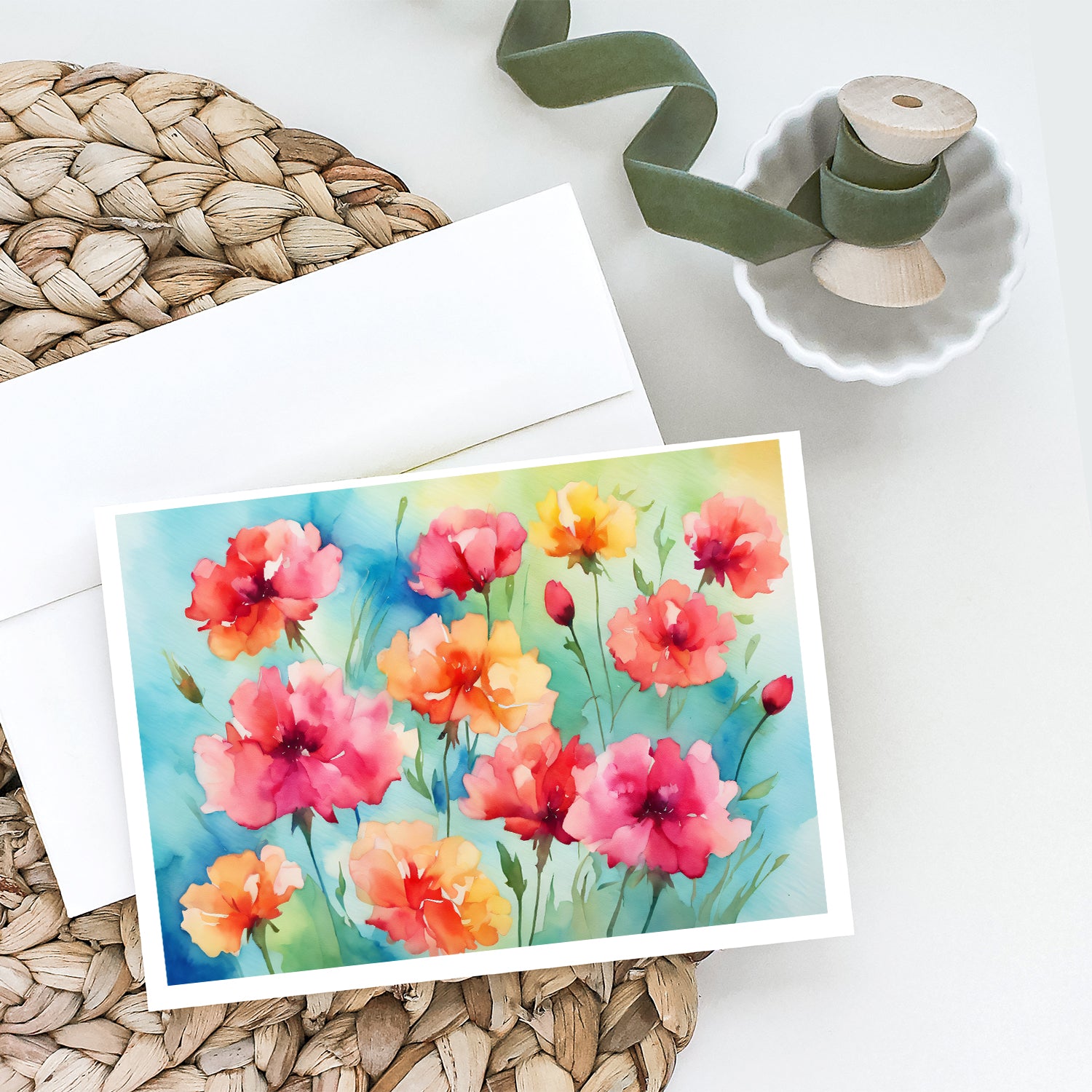 Carnations in Watercolor Greeting Cards and Envelopes Pack of 8  the-store.com.