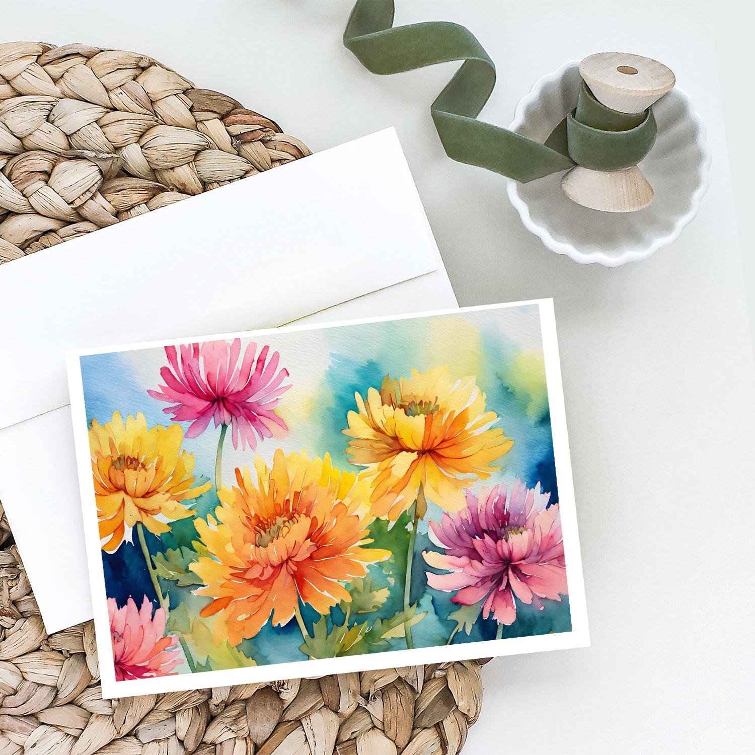 Chrysanthemums in Watercolor Greeting Cards and Envelopes Pack of 8  the-store.com.